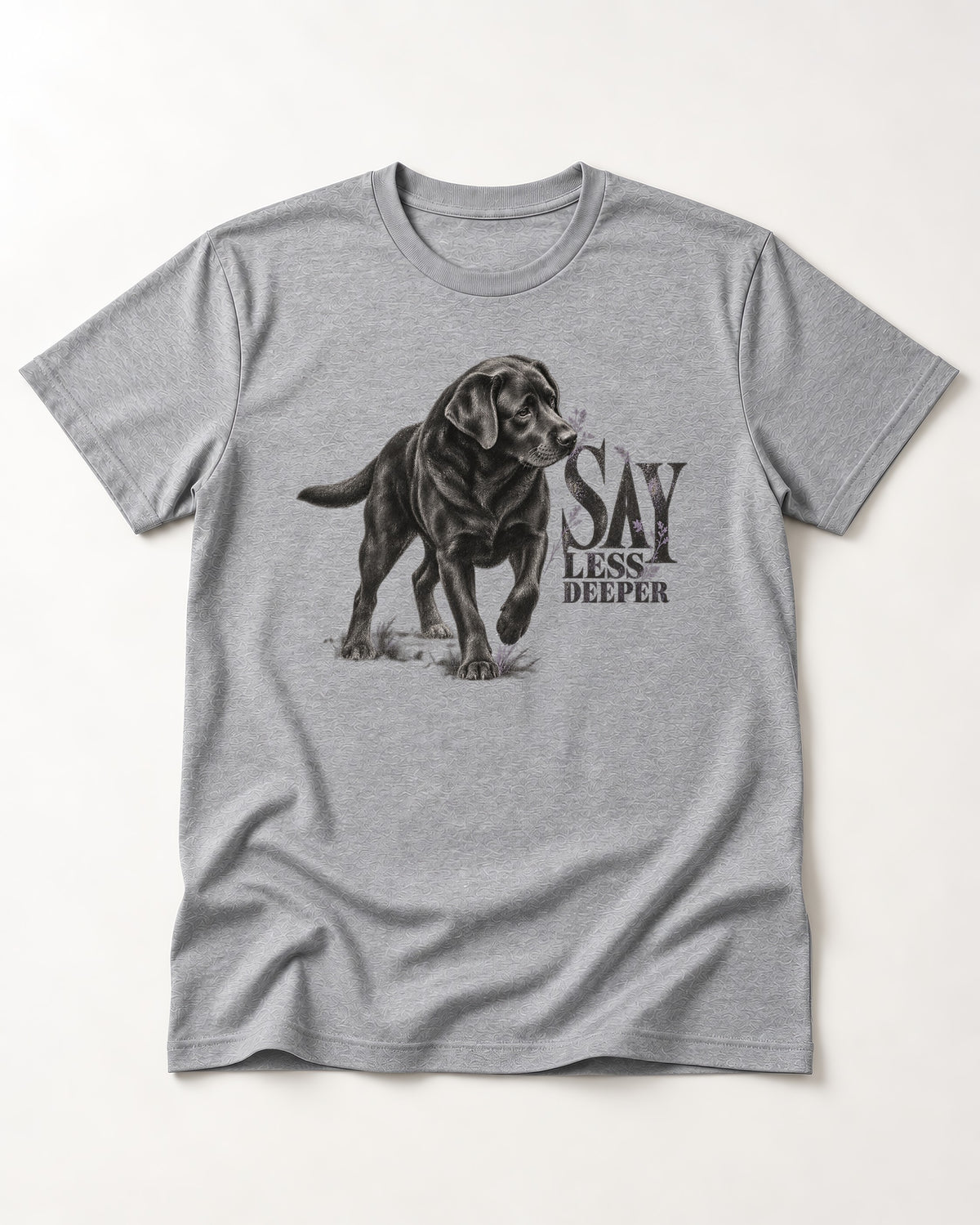Say Less Deeper Labrador Retriever T-Shirt in Sport Grey, flat lay product photo