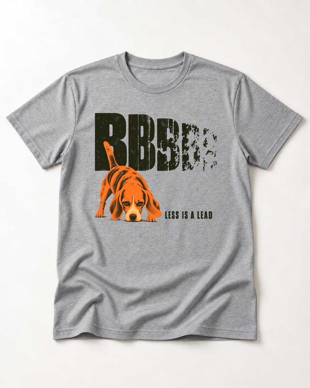 Less Is a Lead Beagle T-Shirt in Sport Grey, flat lay product photo