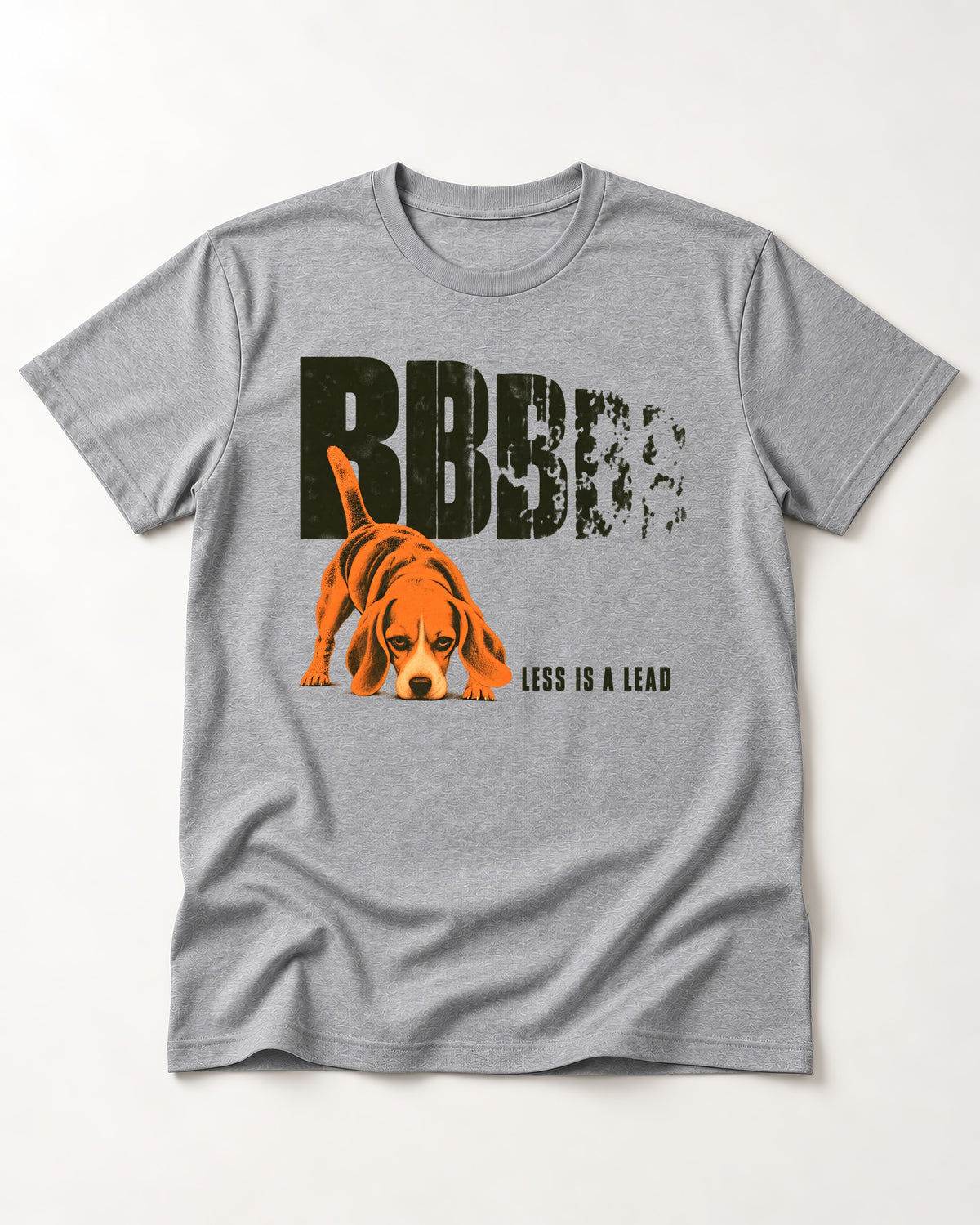 Less Is a Lead Beagle T-Shirt in Sport Grey, flat lay product photo