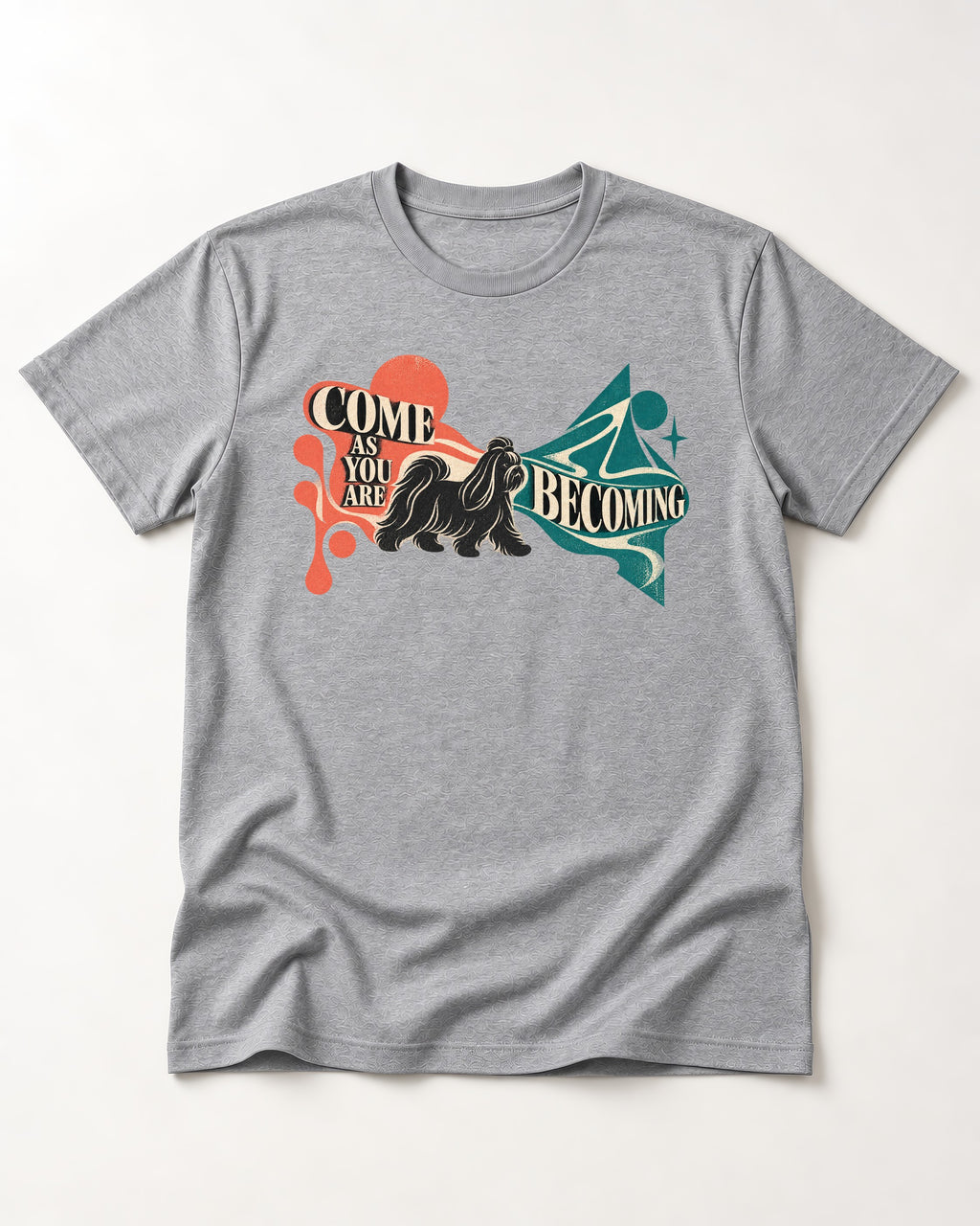 Come as You Are Shih Tzu T-Shirt in Sport Grey, flat lay product photo