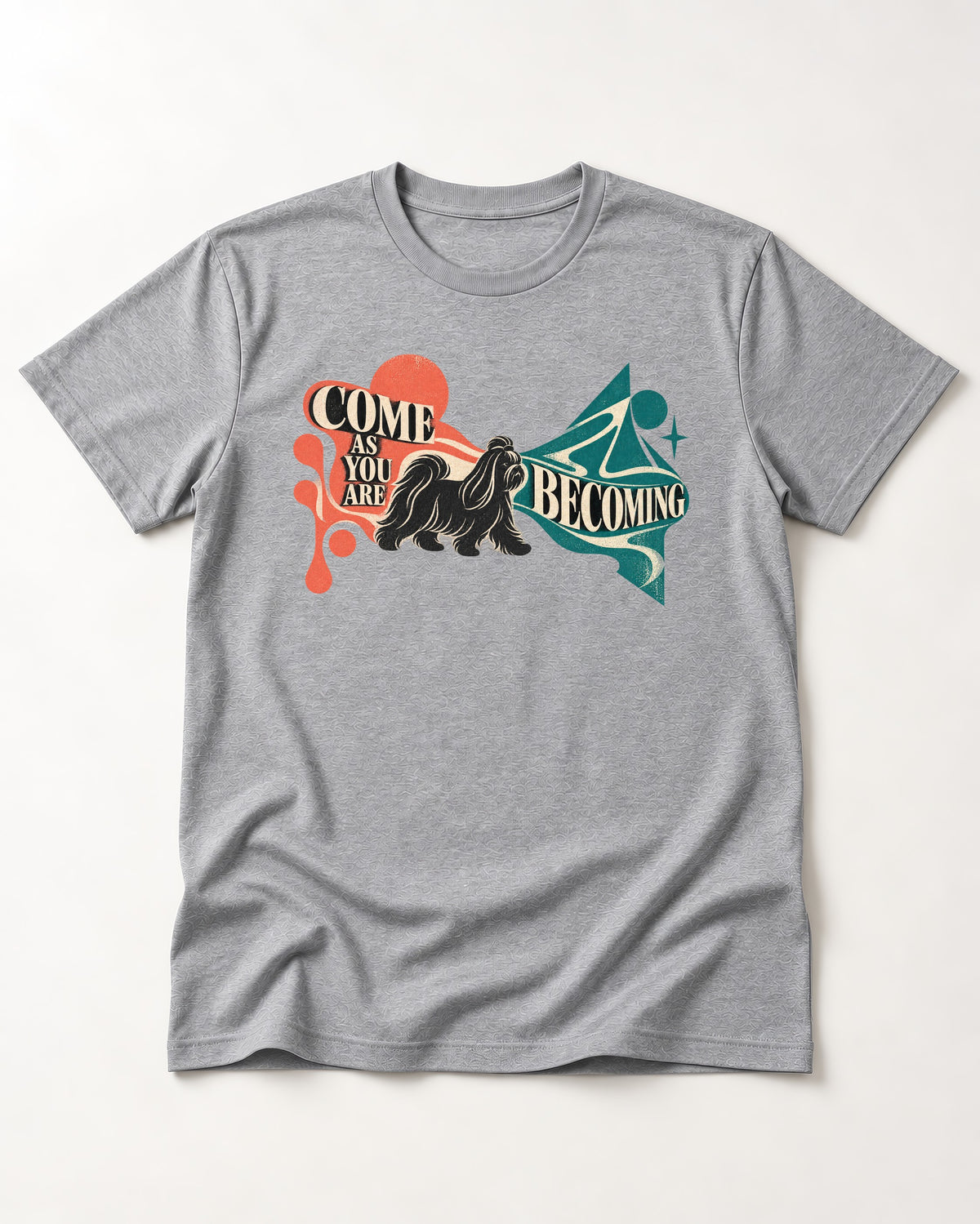 Come as You Are Shih Tzu T-Shirt in Sport Grey, flat lay product photo