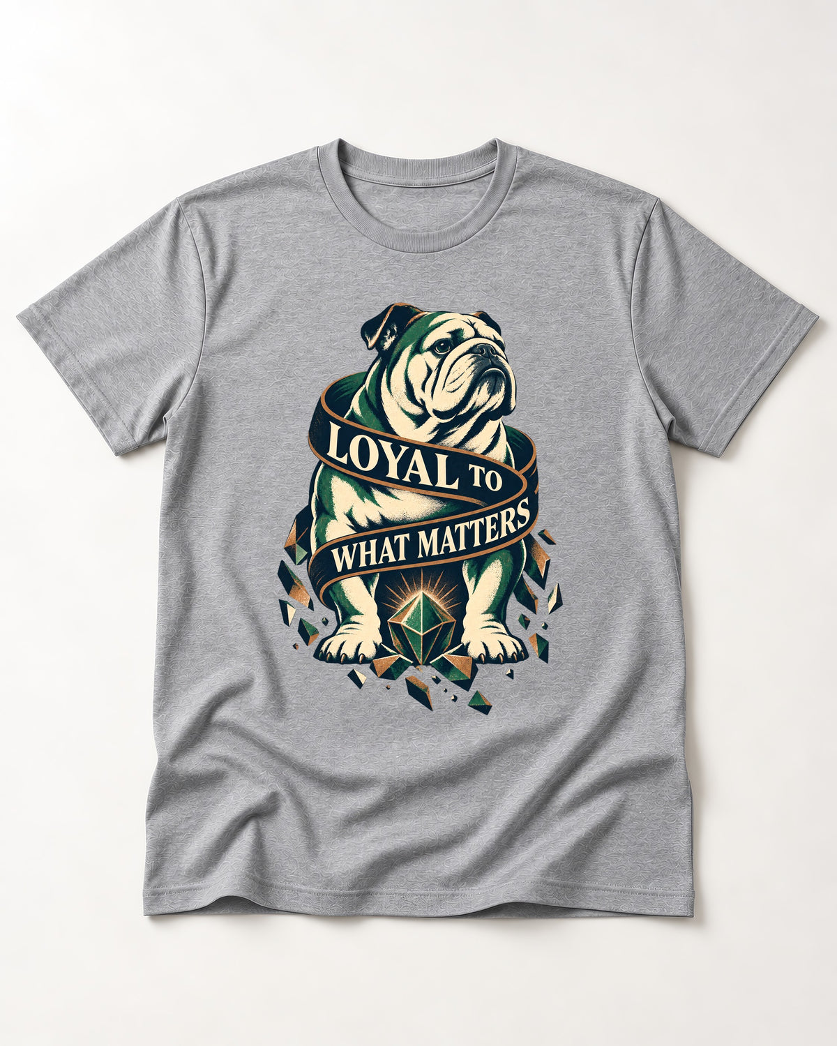 Loyal to What Matters English Bulldog T-Shirt in Sport Grey, flat lay product photo