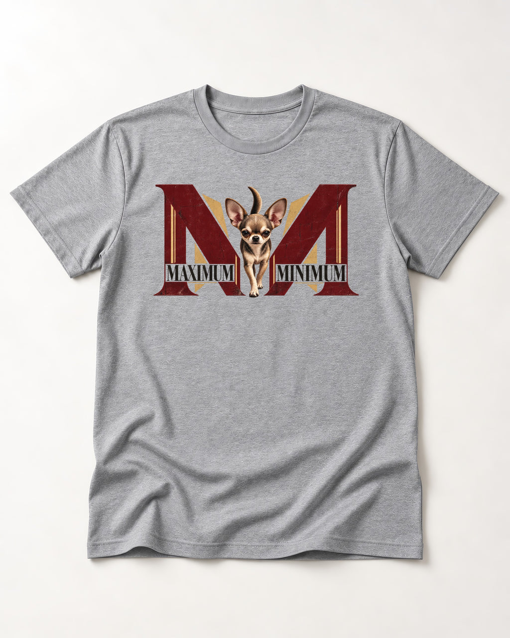 Maximum Minimum Chihuahua T-Shirt in Sport Grey, flat lay product photo