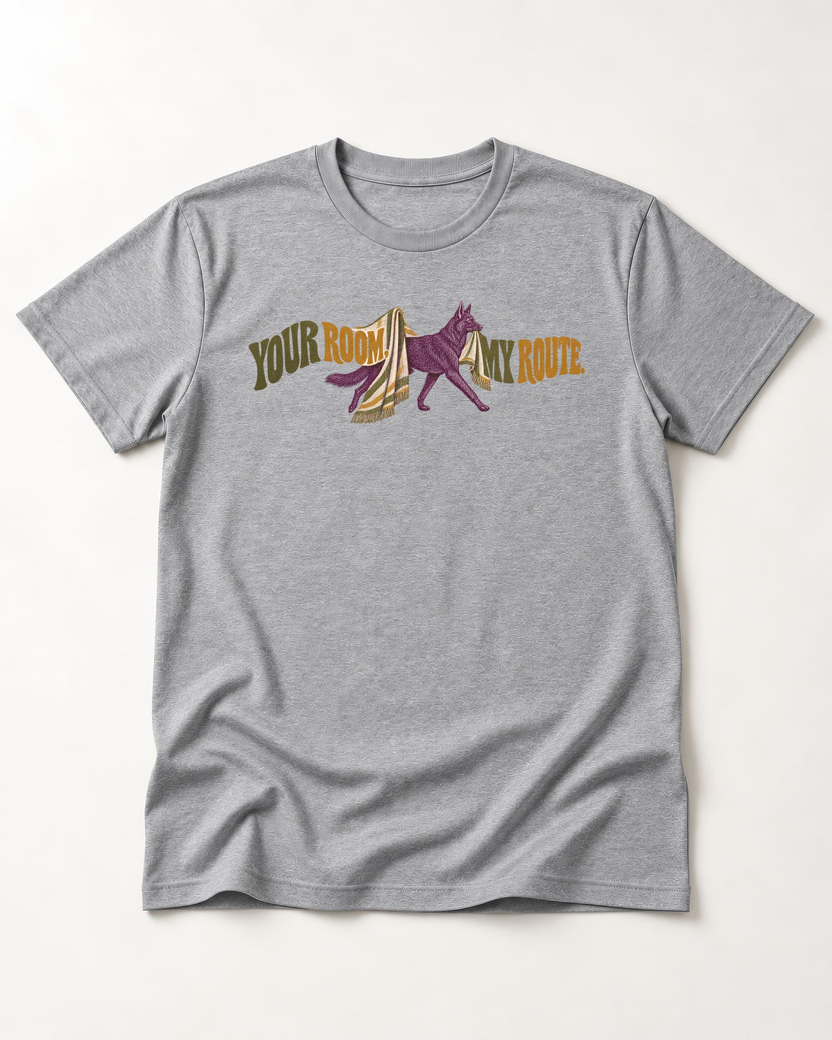 Your Room My Route German Shepherd Dog T-Shirt in Sport Grey, flat lay product photo