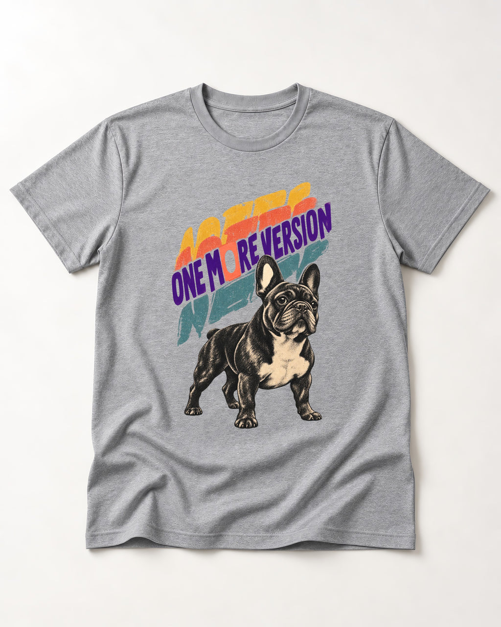 Frenchie One More Version Layered Type Graphic T-Shirt in Sport Grey, flat lay product photo