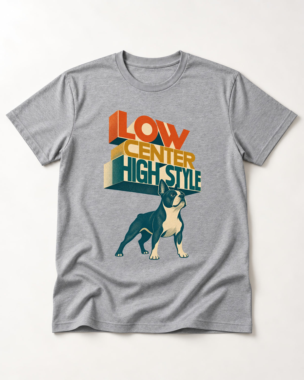 Low Center Boston Terrier T-Shirt in Sport Grey, flat lay product photo