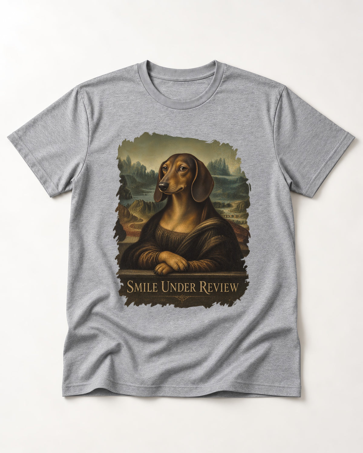 Dachshund Smile Under Review Mona Lisa Graphic T-Shirt in Sport Grey, flat lay product photo