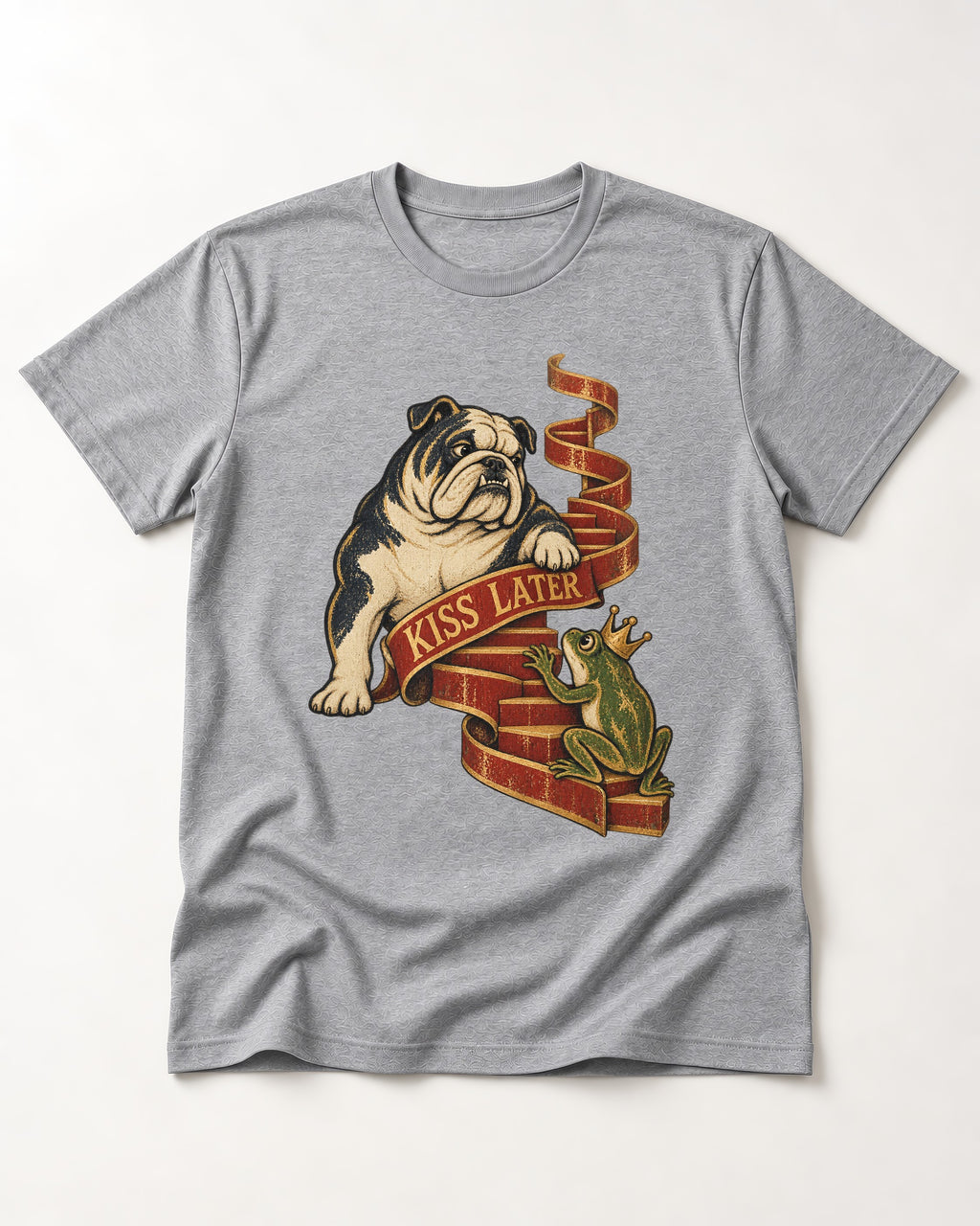 English Bulldog Kiss Later Frog Prince Graphic T-Shirt in Sport Grey, flat lay product photo