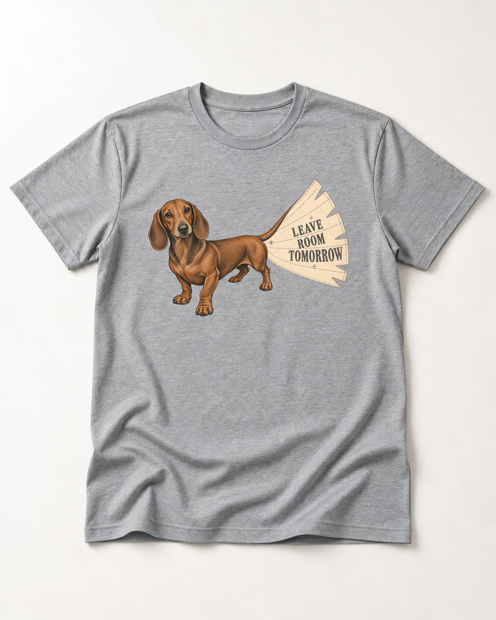Dachshund Leave Room Tomorrow T-Shirt in Sport Grey, flat lay product photo