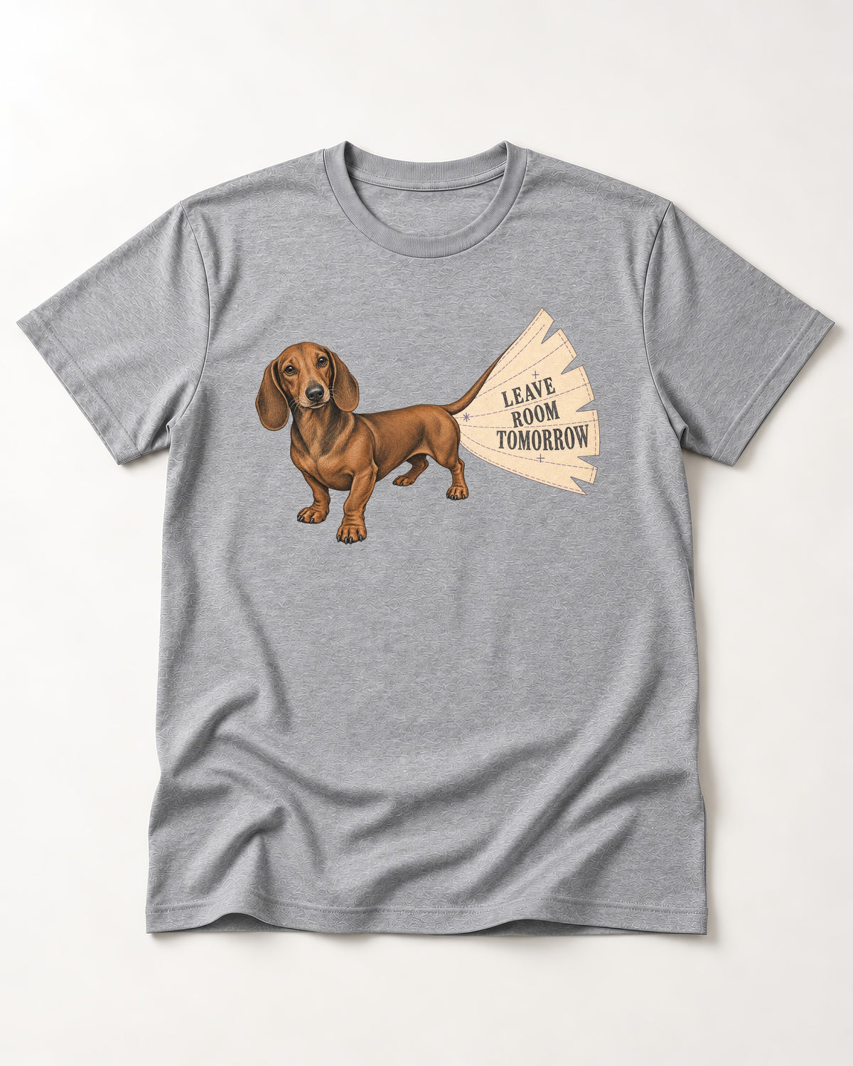Dachshund Leave Room Tomorrow T-Shirt in Sport Grey, flat lay product photo