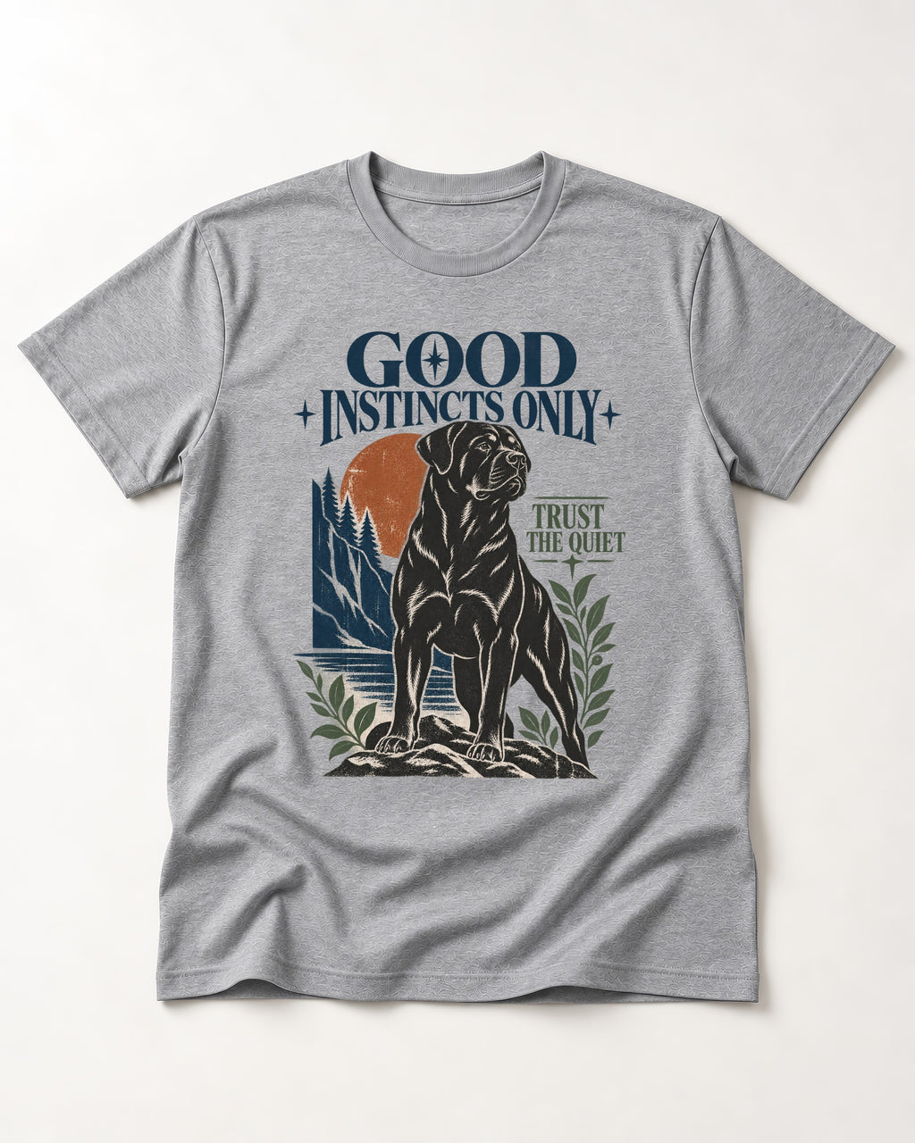 Good Instincts Only Rottweiler T-Shirt in Sport Grey, flat lay product photo