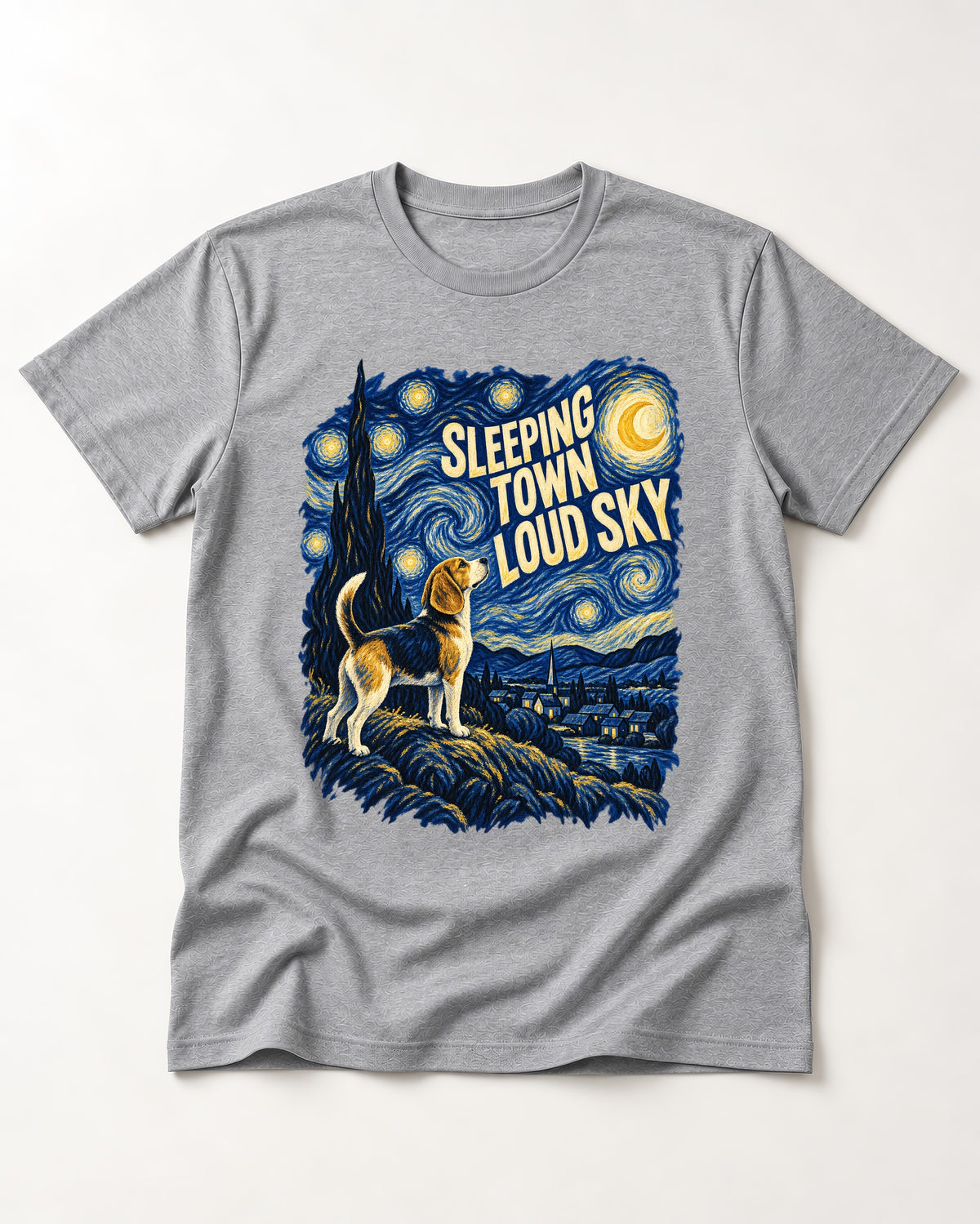 Sleeping Town Loud Sky Beagle Nightscape T-Shirt in Sport Grey, flat lay product photo