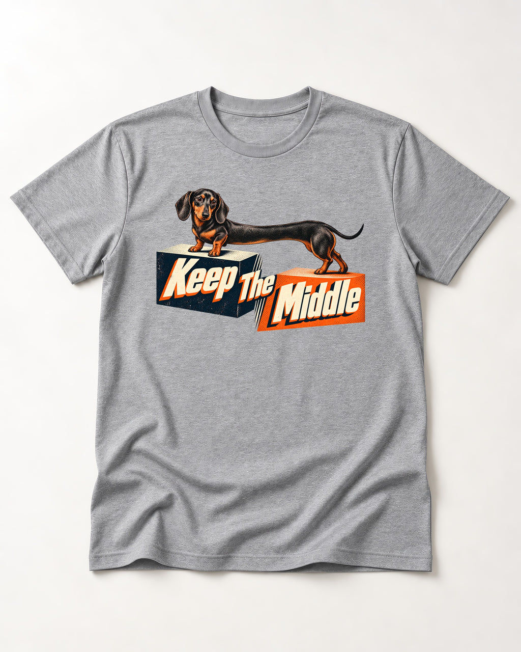 Dachshund Keep The Middle Block Bridge Graphic T-Shirt in Sport Grey, flat lay product photo