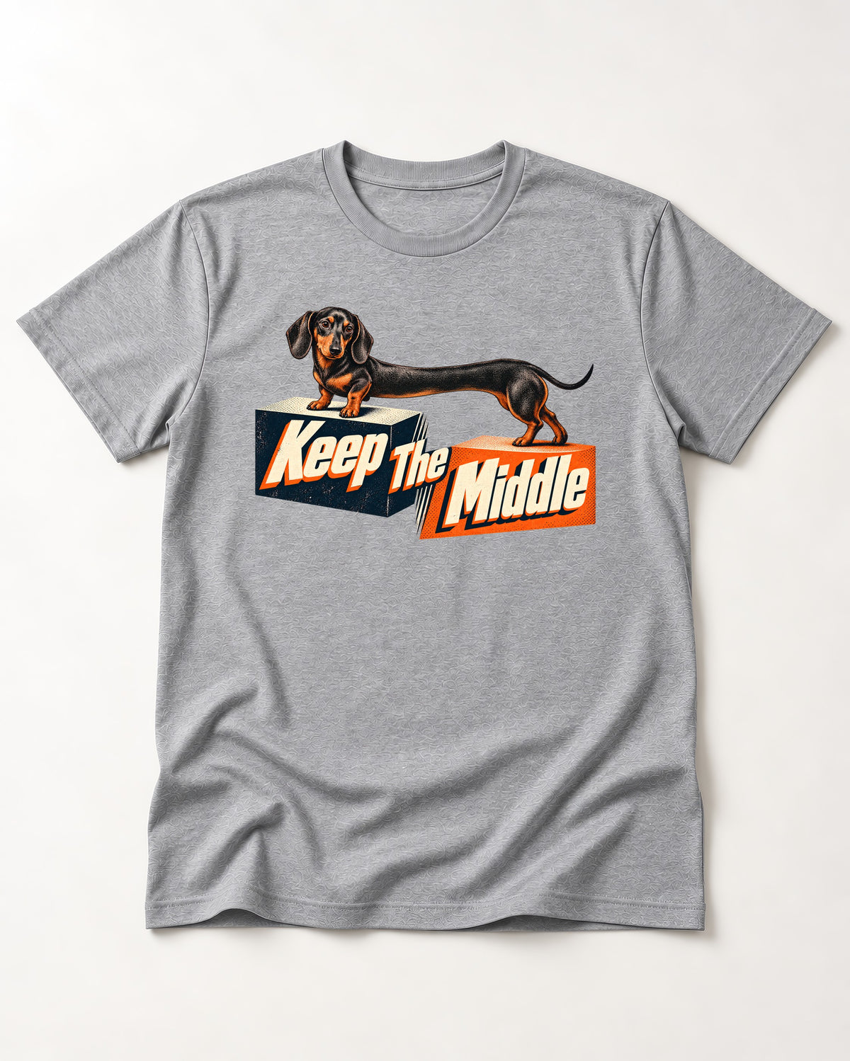 Dachshund Keep The Middle Block Bridge Graphic T-Shirt in Sport Grey, flat lay product photo