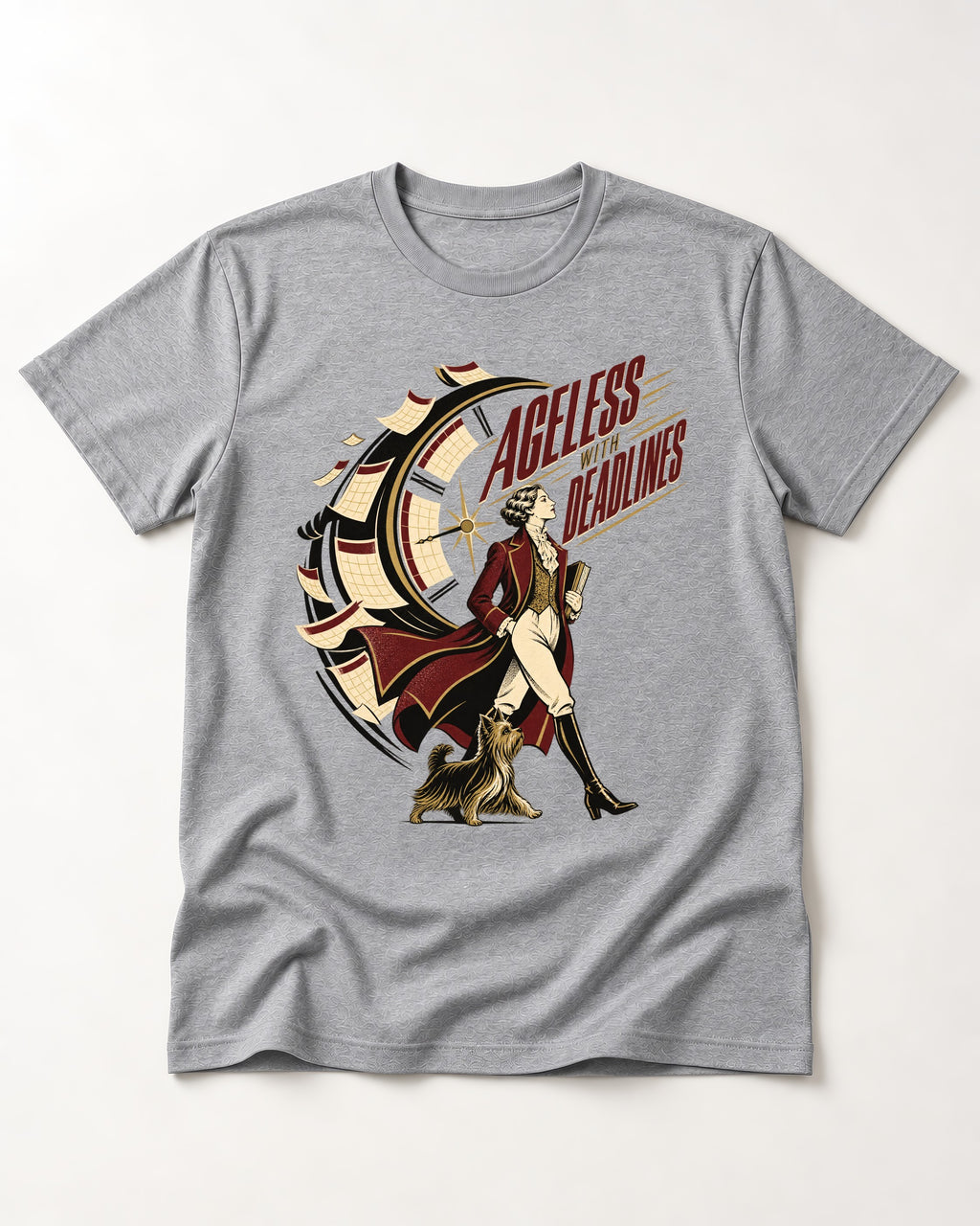 Yorkshire Terrier Ageless with Deadlines Calendar Clock Graphic T-Shirt in Sport Grey, flat lay product photo