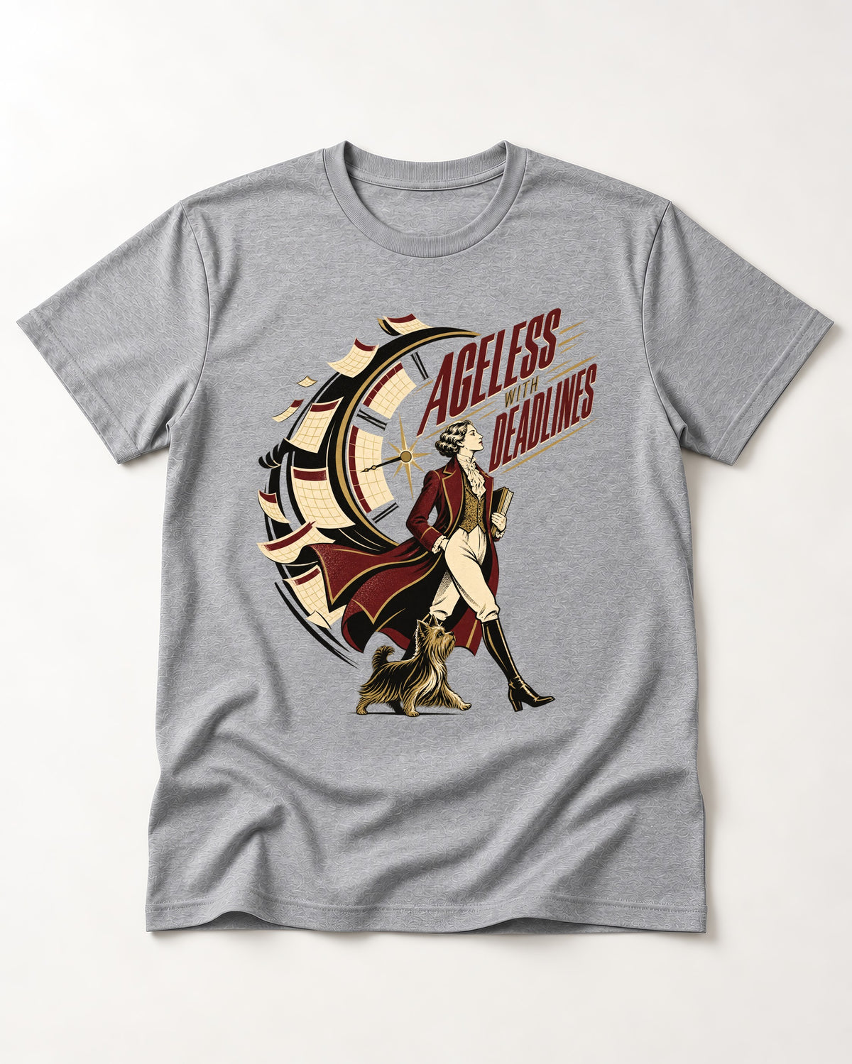 Yorkshire Terrier Ageless with Deadlines Calendar Clock Graphic T-Shirt in Sport Grey, flat lay product photo