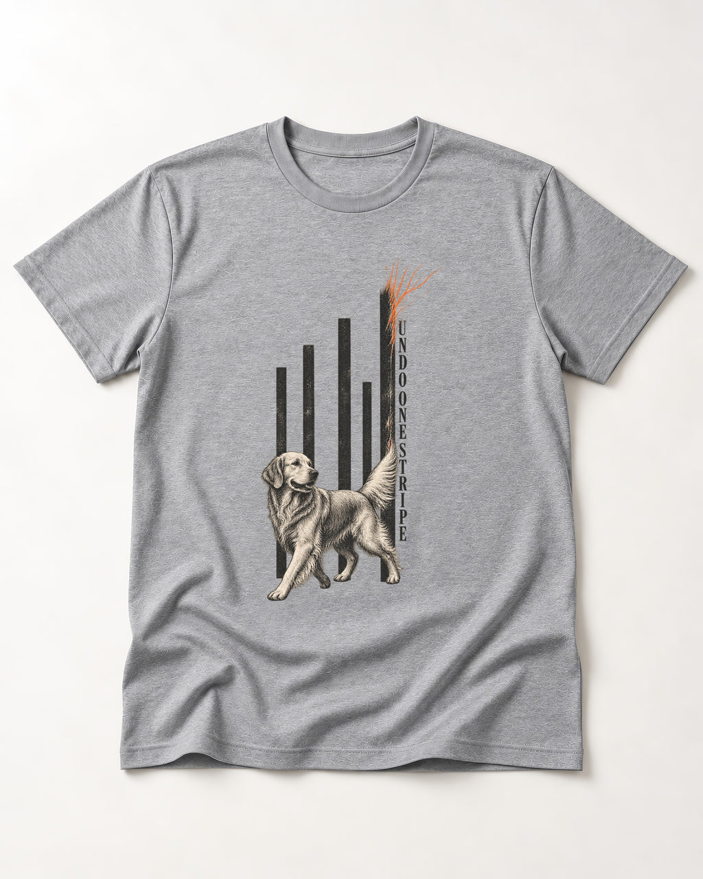 Undo One Stripe Golden Retriever T-Shirt in Sport Grey, flat lay product photo