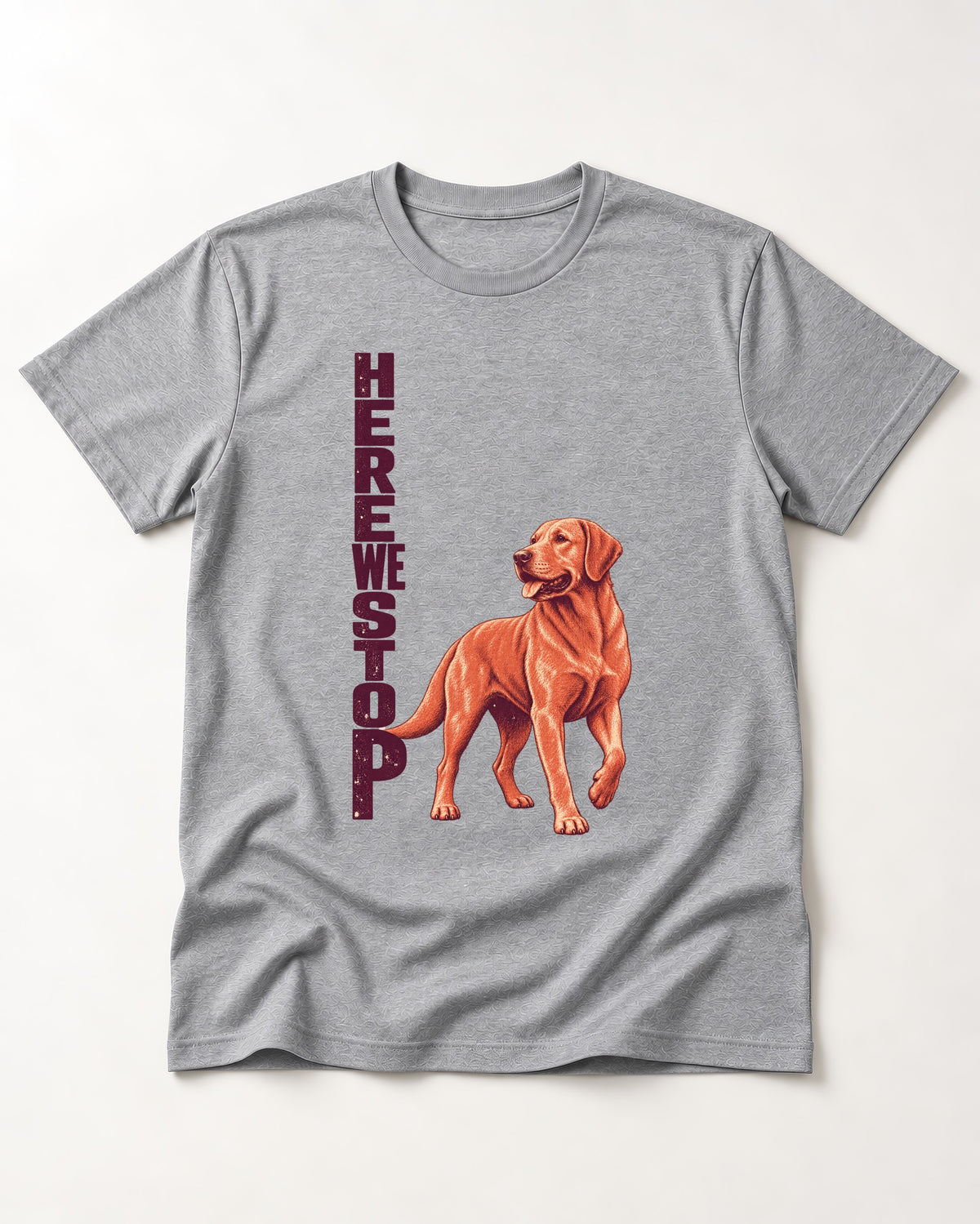 Here We Stop Labrador Retriever T-Shirt in Sport Grey, flat lay product photo
