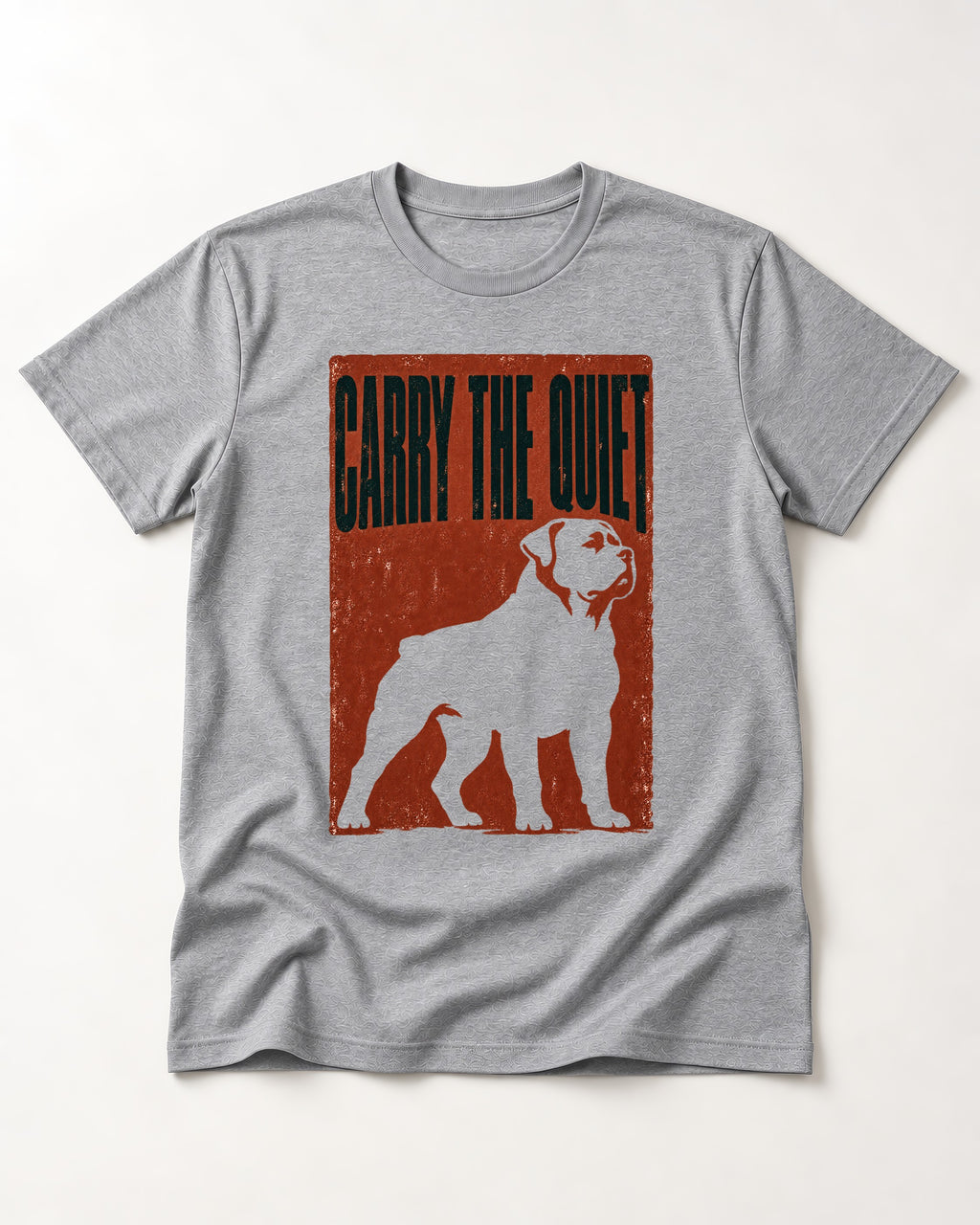 Rottweiler Carry the Quiet T-Shirt in Sport Grey, flat lay product photo