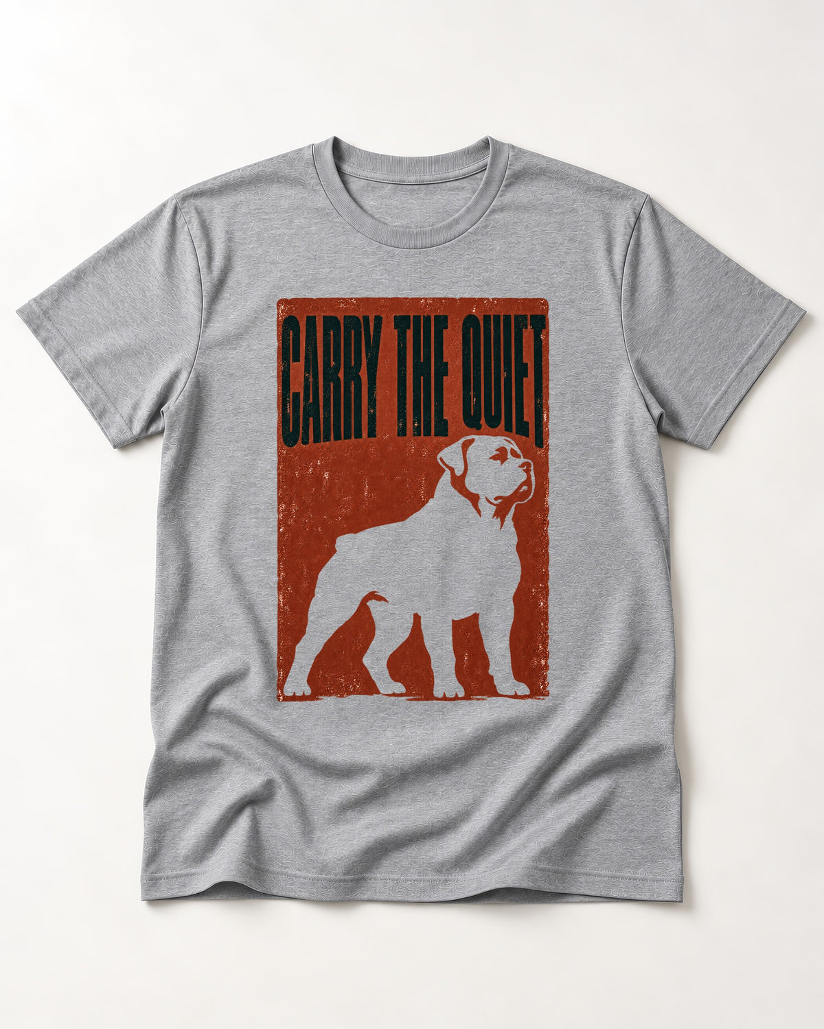 Rottweiler Carry the Quiet T-Shirt in Sport Grey, flat lay product photo
