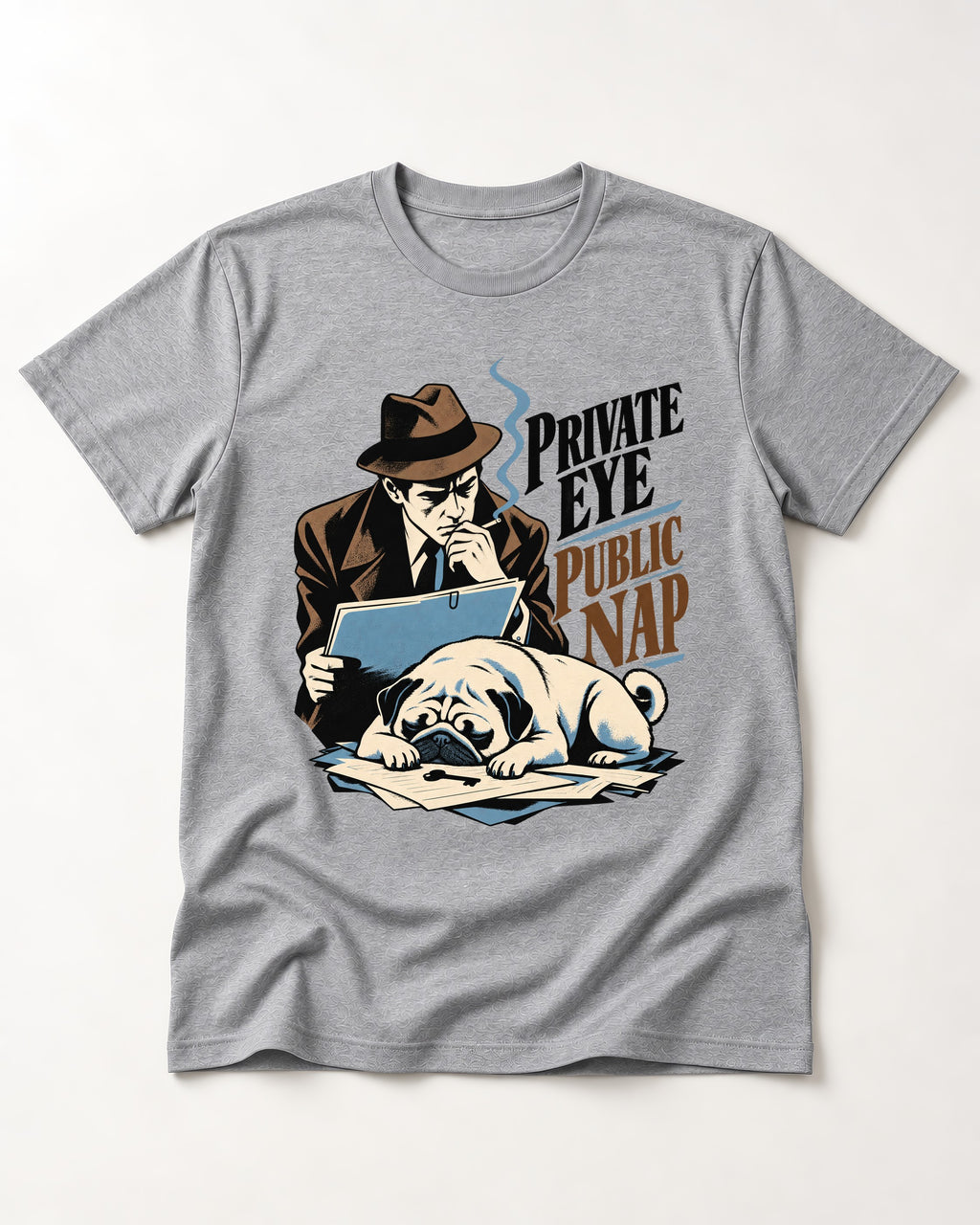 Pug Private Eye Public Nap T-Shirt in Sport Grey, flat lay product photo
