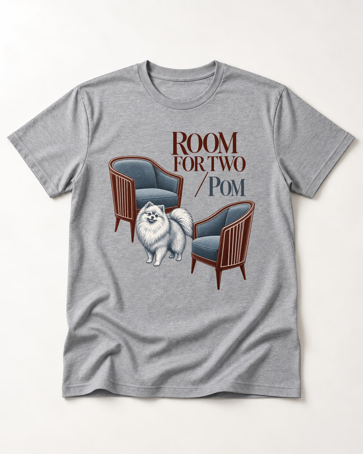 Room for Two with Pomeranian T-Shirt in Sport Grey, flat lay product photo
