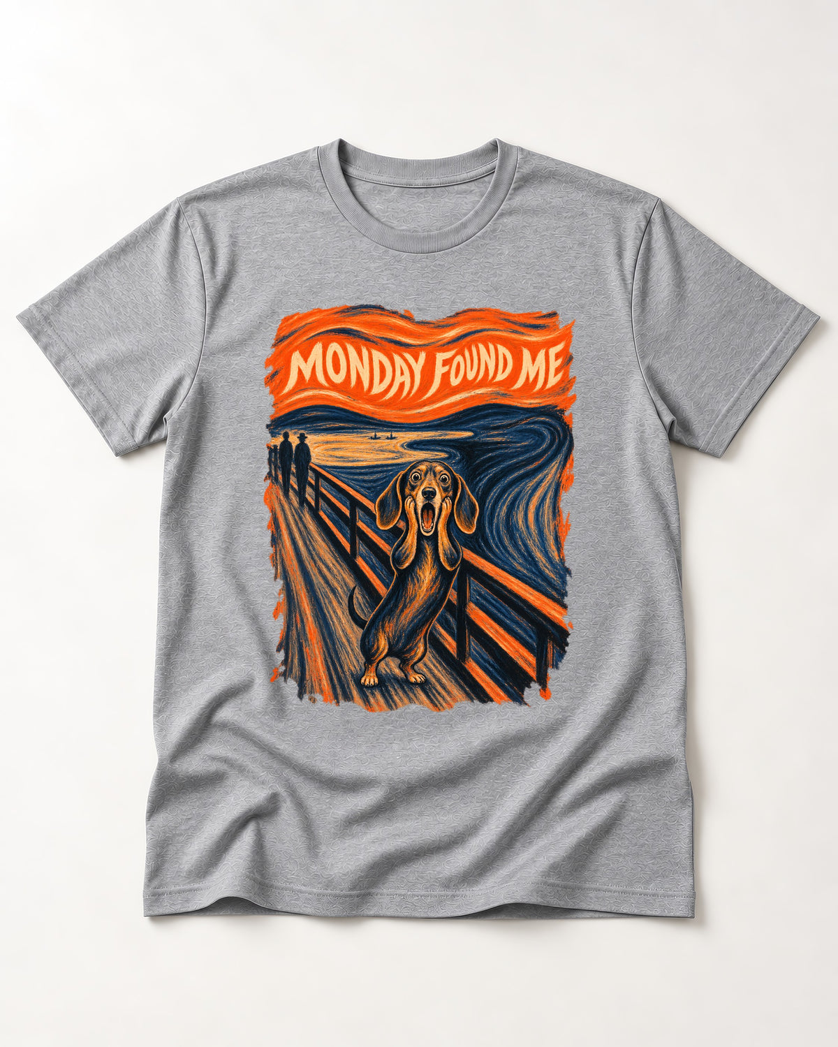 Dachshund Monday Found Me Scream Poster T-Shirt in Sport Grey, flat lay product photo