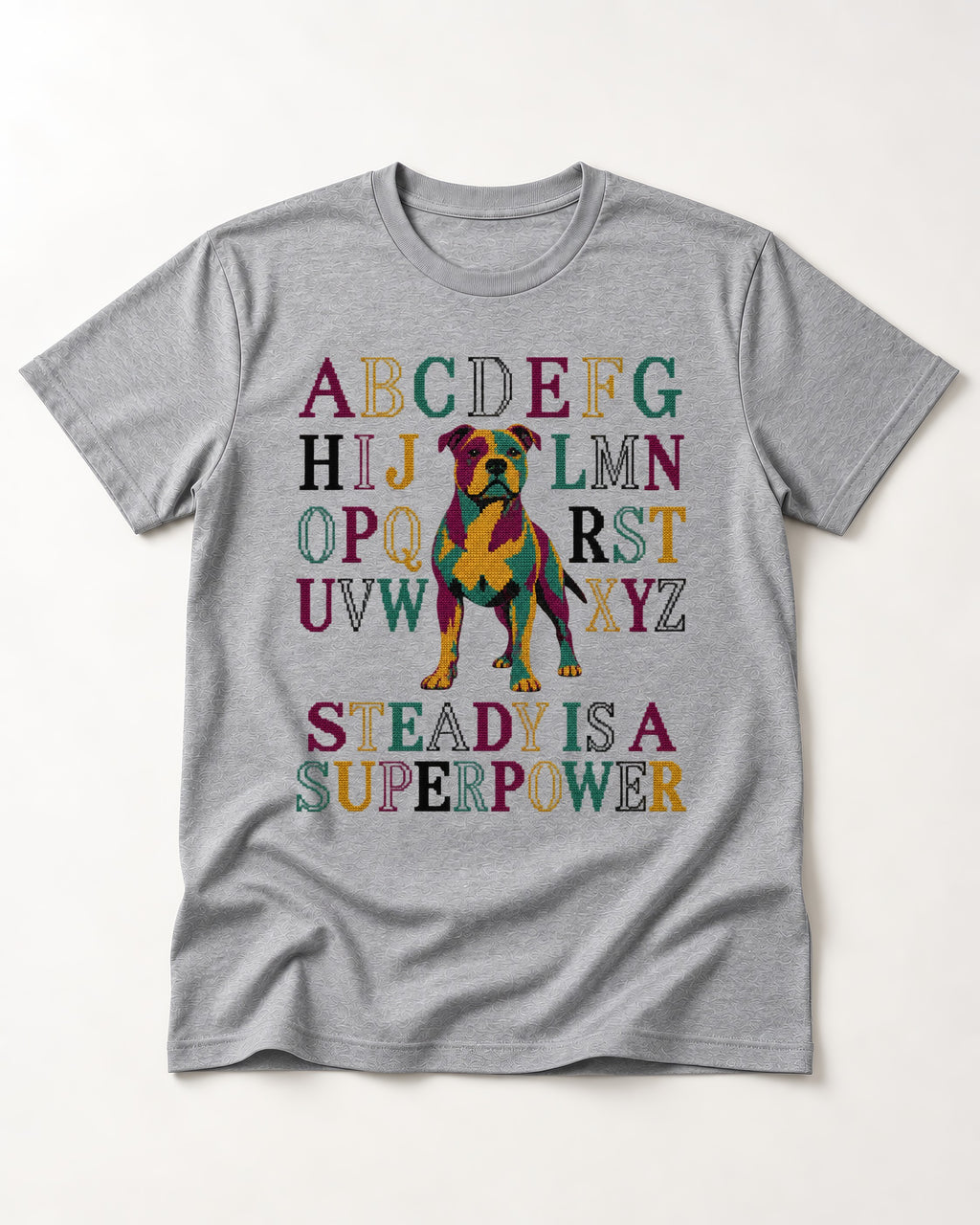Pitbull Steady Is a Superpower Alphabet Graphic T-Shirt in Sport Grey, flat lay product photo