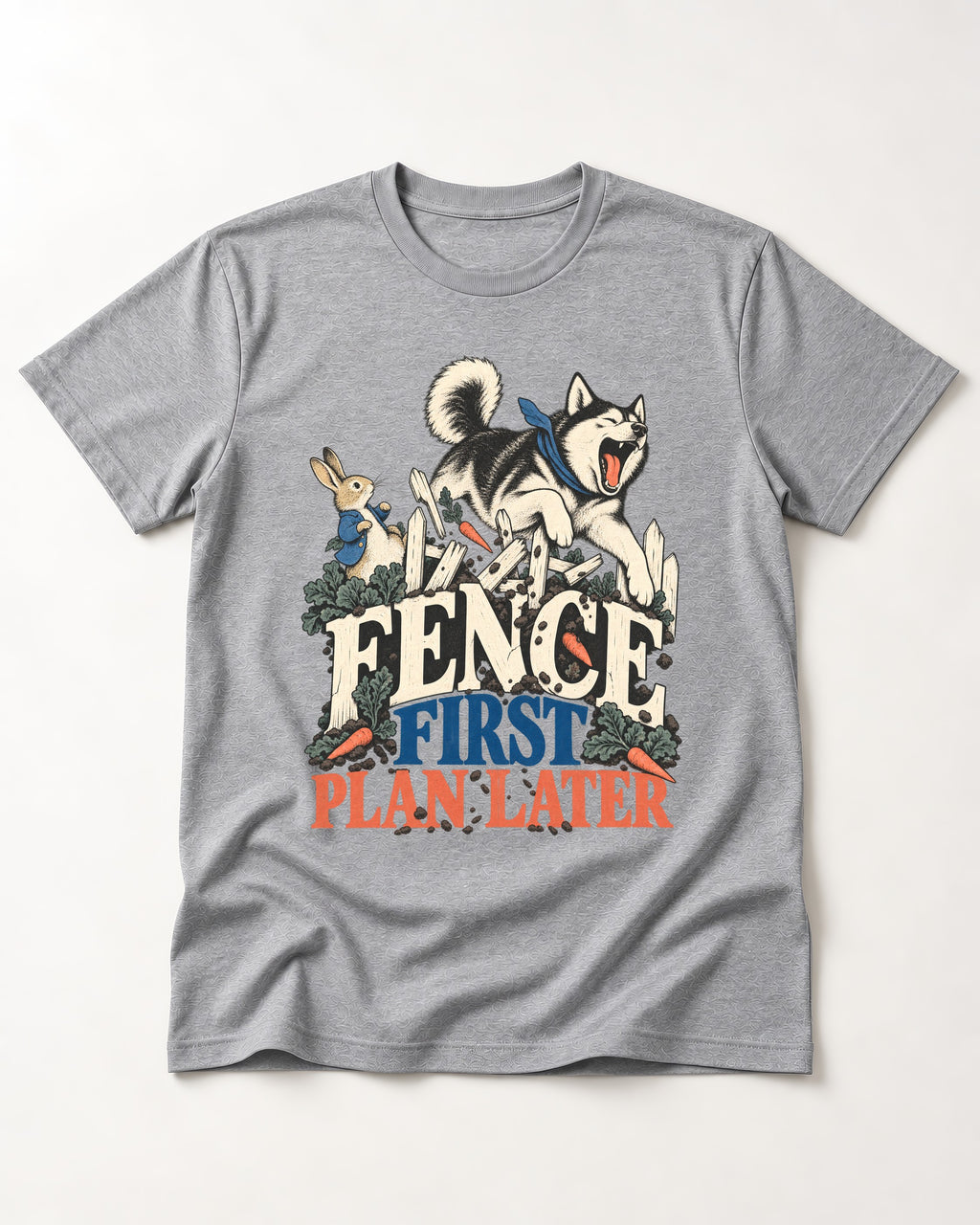 Husky Fence First Plan Later Garden Escape Graphic T-Shirt in Sport Grey, flat lay product photo