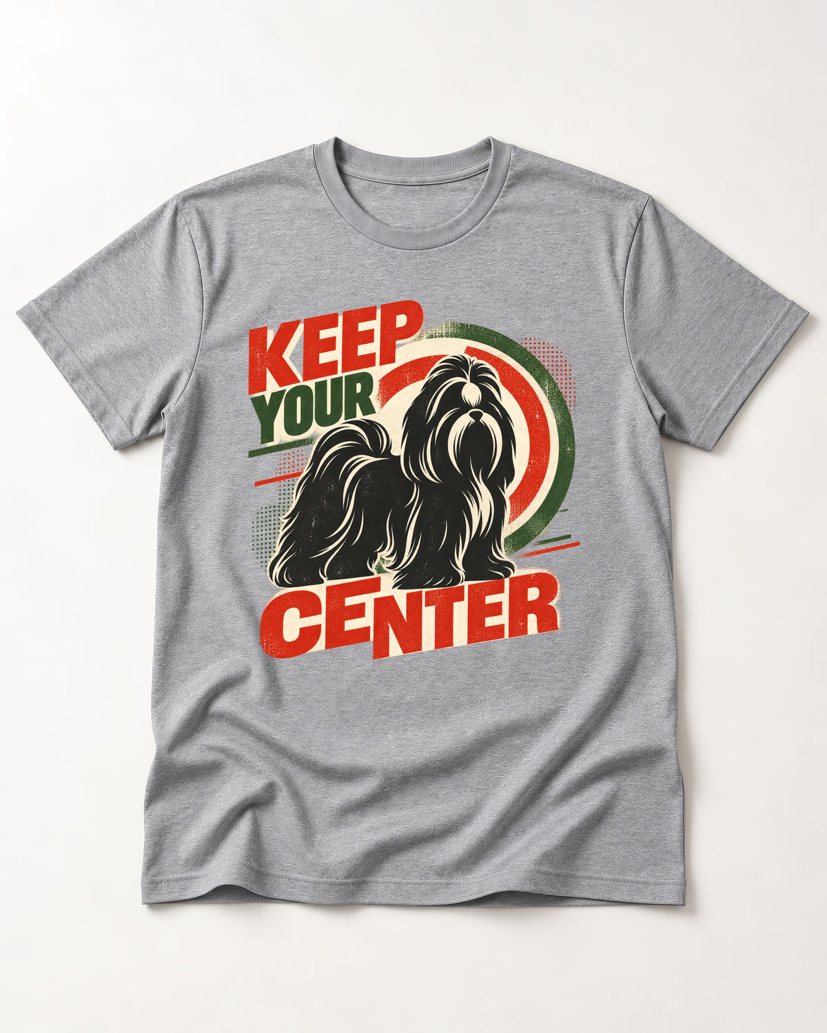 Shih Tzu Keep Your Center Retro Target Graphic T-Shirt in Sport Grey, flat lay product photo