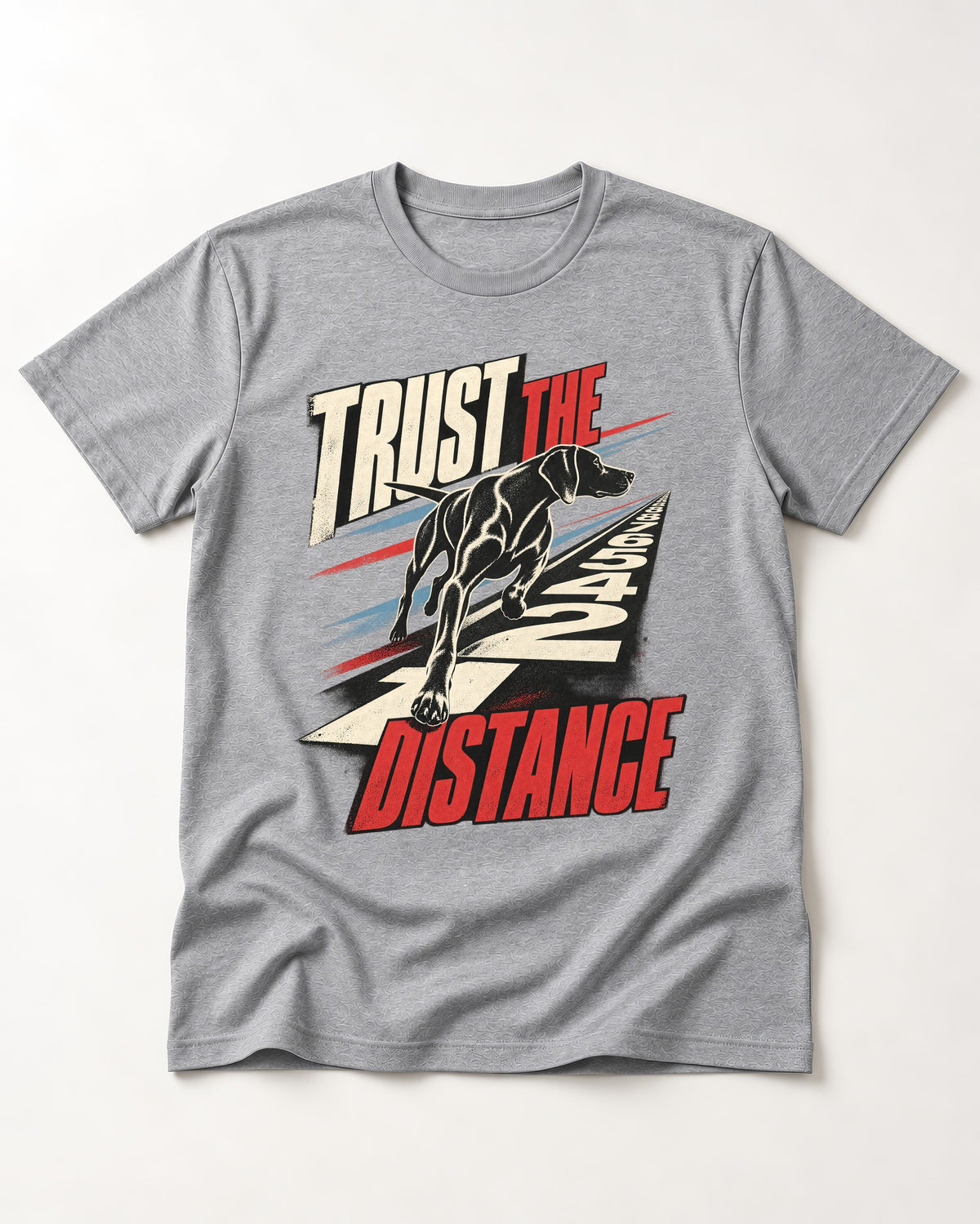 Trust the Distance German Shorthaired Pointer Graphic T-Shirt in Sport Grey, flat lay product photo