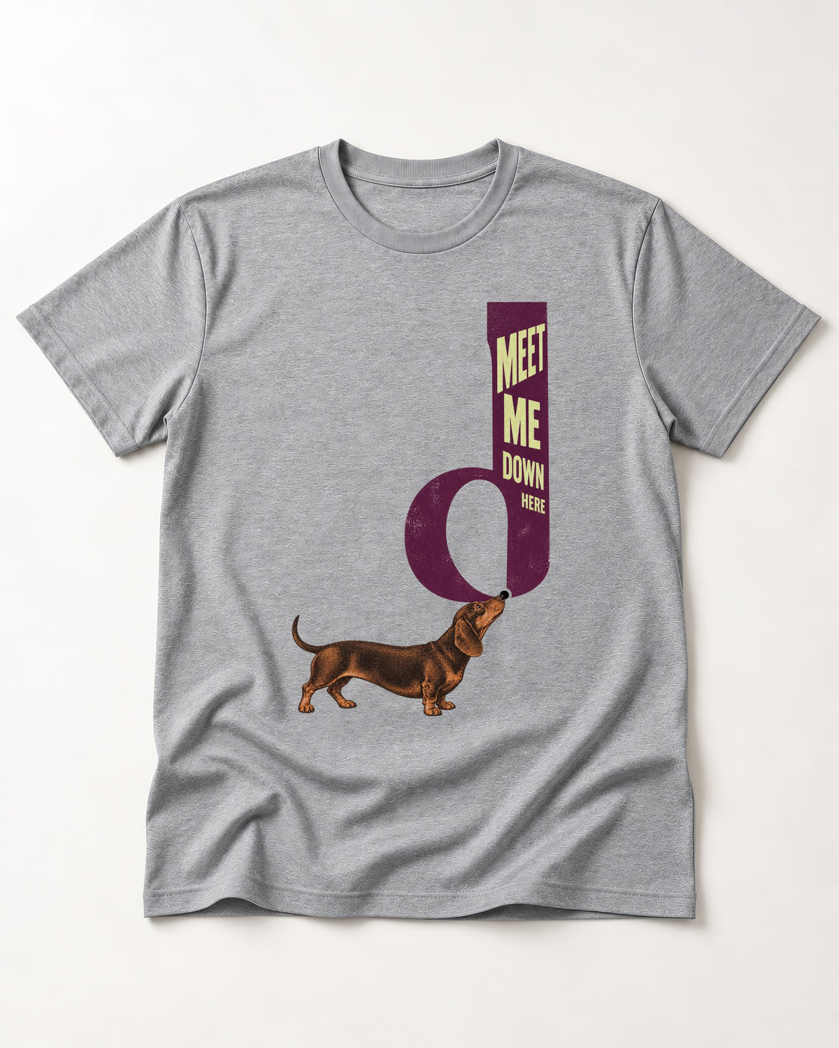 Dachshund Meet Me Down Here Letterform Loop Graphic T-Shirt in Sport Grey, flat lay product photo