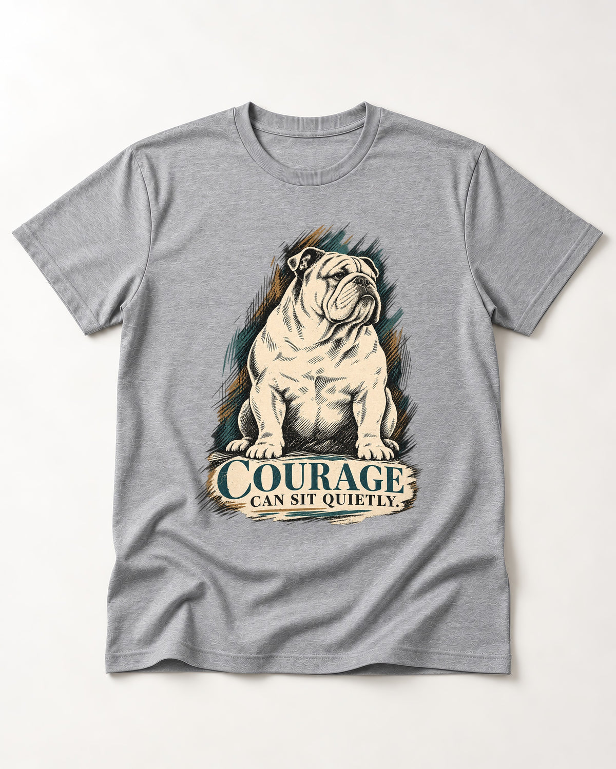 English Bulldog Courage Can Sit Quietly T-Shirt in Sport Grey, flat lay product photo