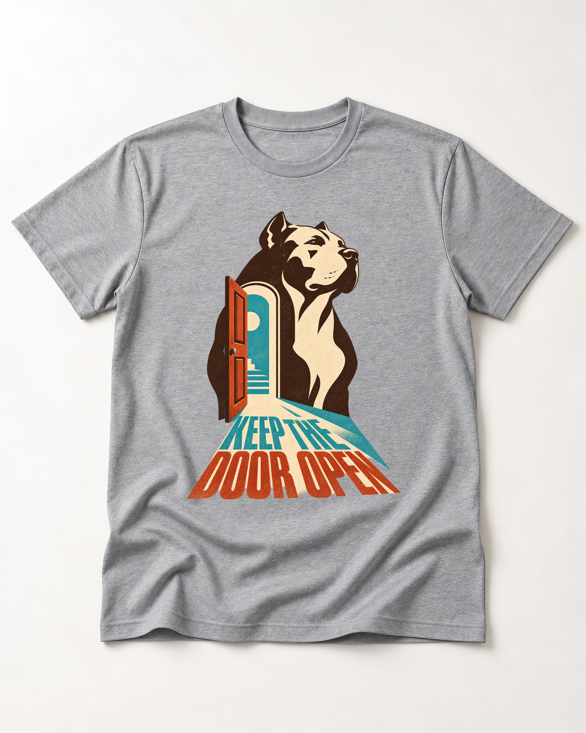 Keep the Door Open Pitbull T-Shirt in Sport Grey, flat lay product photo
