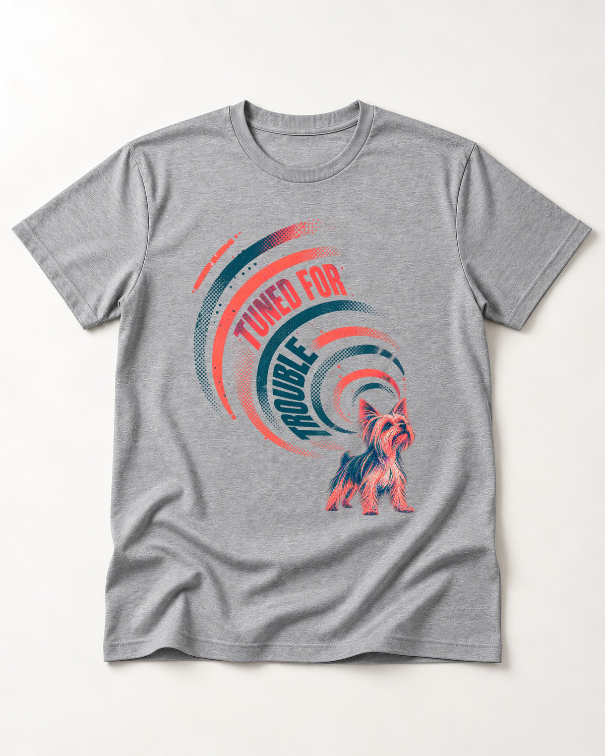 Yorkshire Terrier Tuned for Trouble T-Shirt in Sport Grey, flat lay product photo