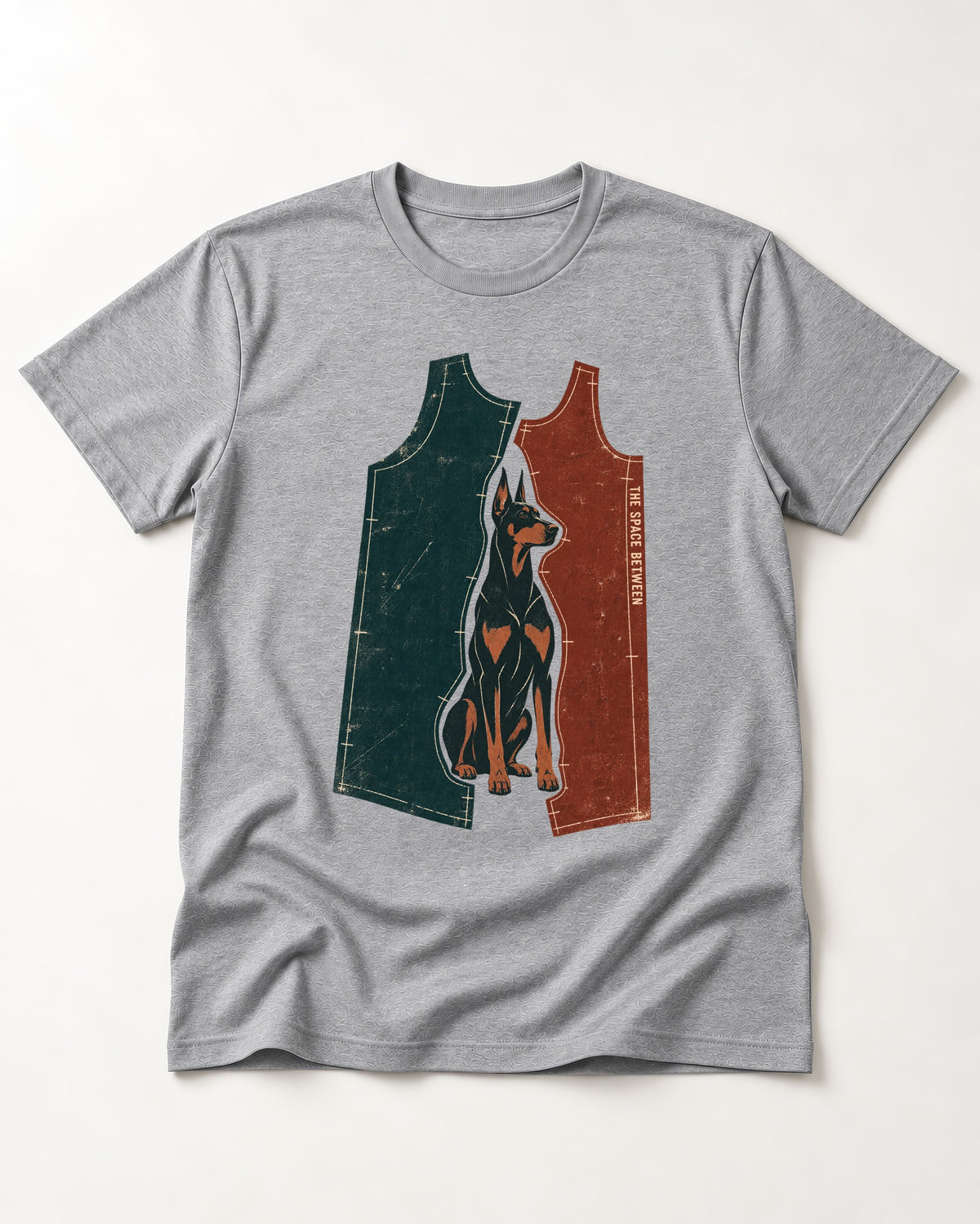 Doberman The Space Between Pattern Pieces Graphic T-Shirt in Sport Grey, flat lay product photo
