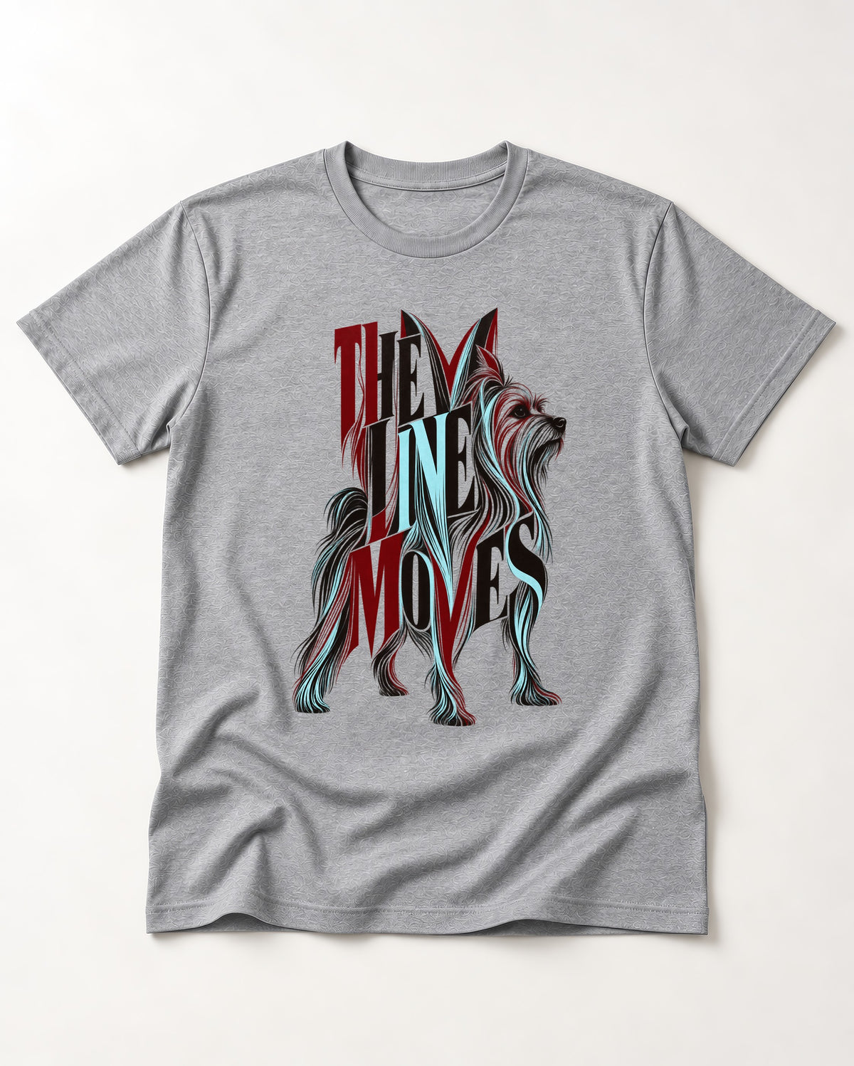 The One Moves Yorkshire Terrier T-Shirt in Sport Grey, flat lay product photo