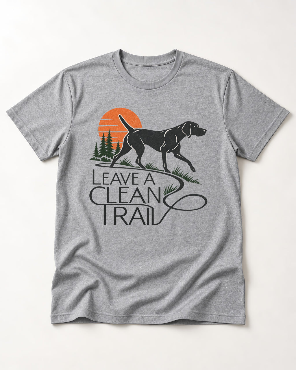 Leave a Clean Trail German Shorthaired Pointer T-Shirt in Sport Grey, flat lay product photo