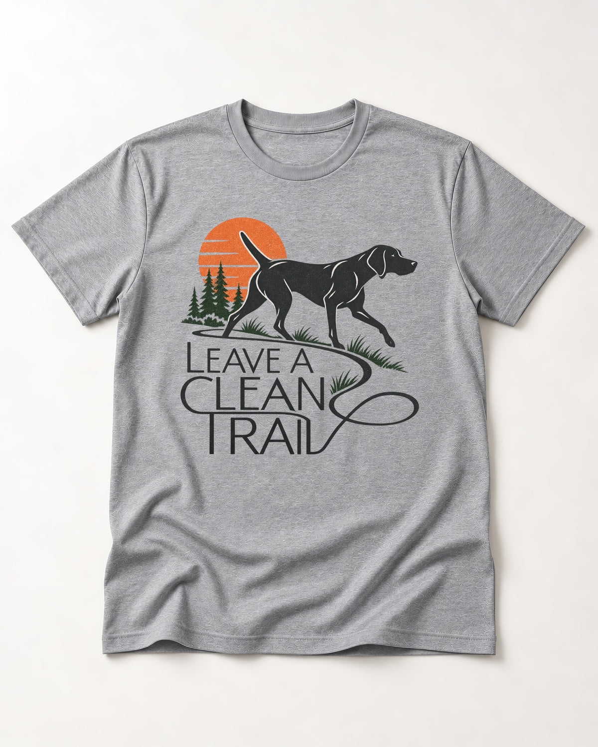 Leave a Clean Trail German Shorthaired Pointer T-Shirt in Sport Grey, flat lay product photo
