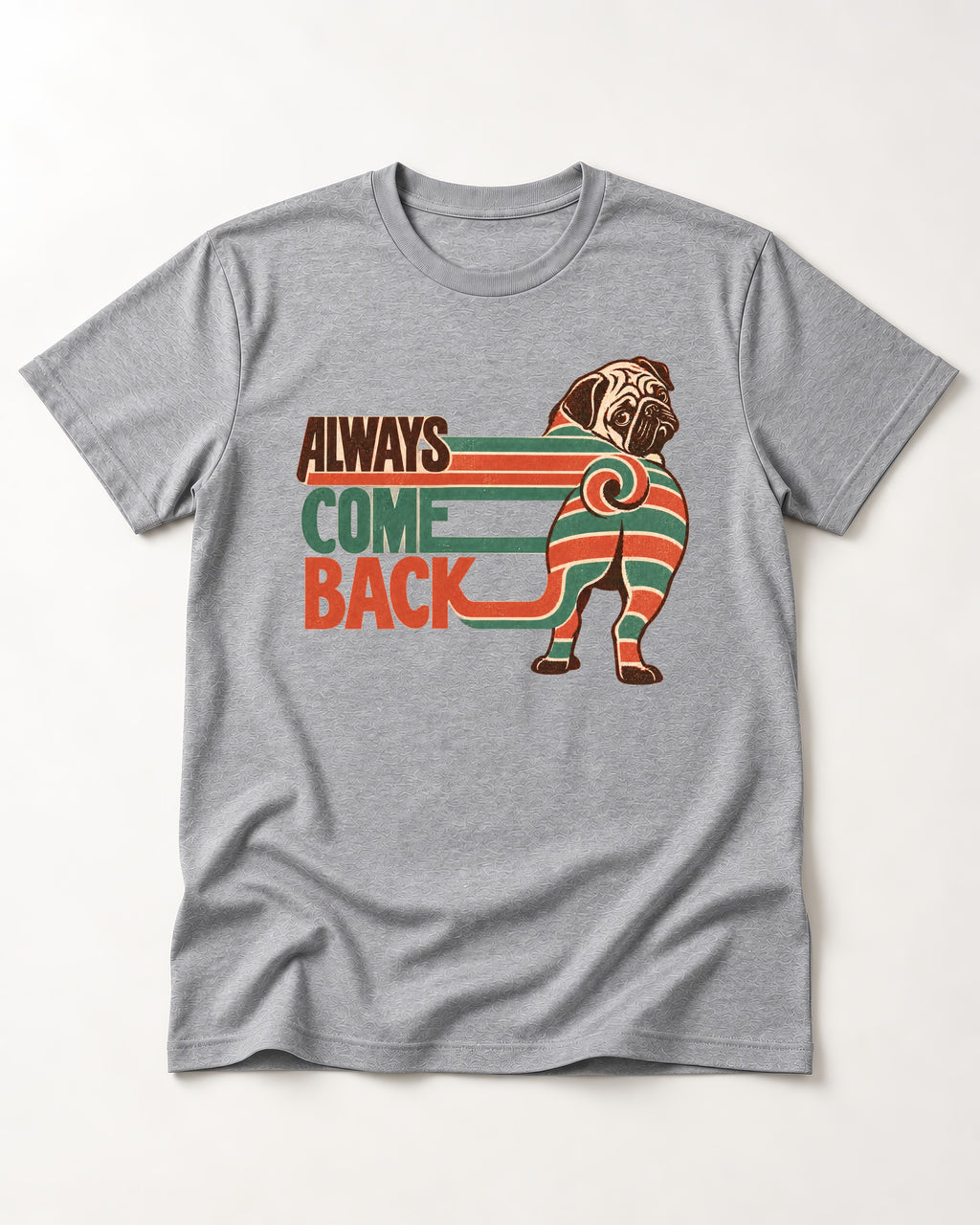 Pug Always Come Back Striped Body Graphic T-Shirt in Sport Grey, flat lay product photo
