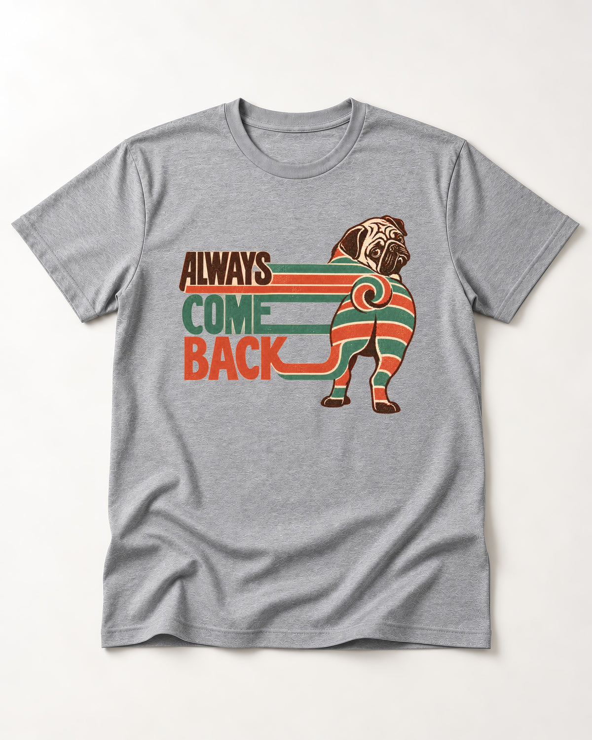Pug Always Come Back Striped Body Graphic T-Shirt in Sport Grey, flat lay product photo