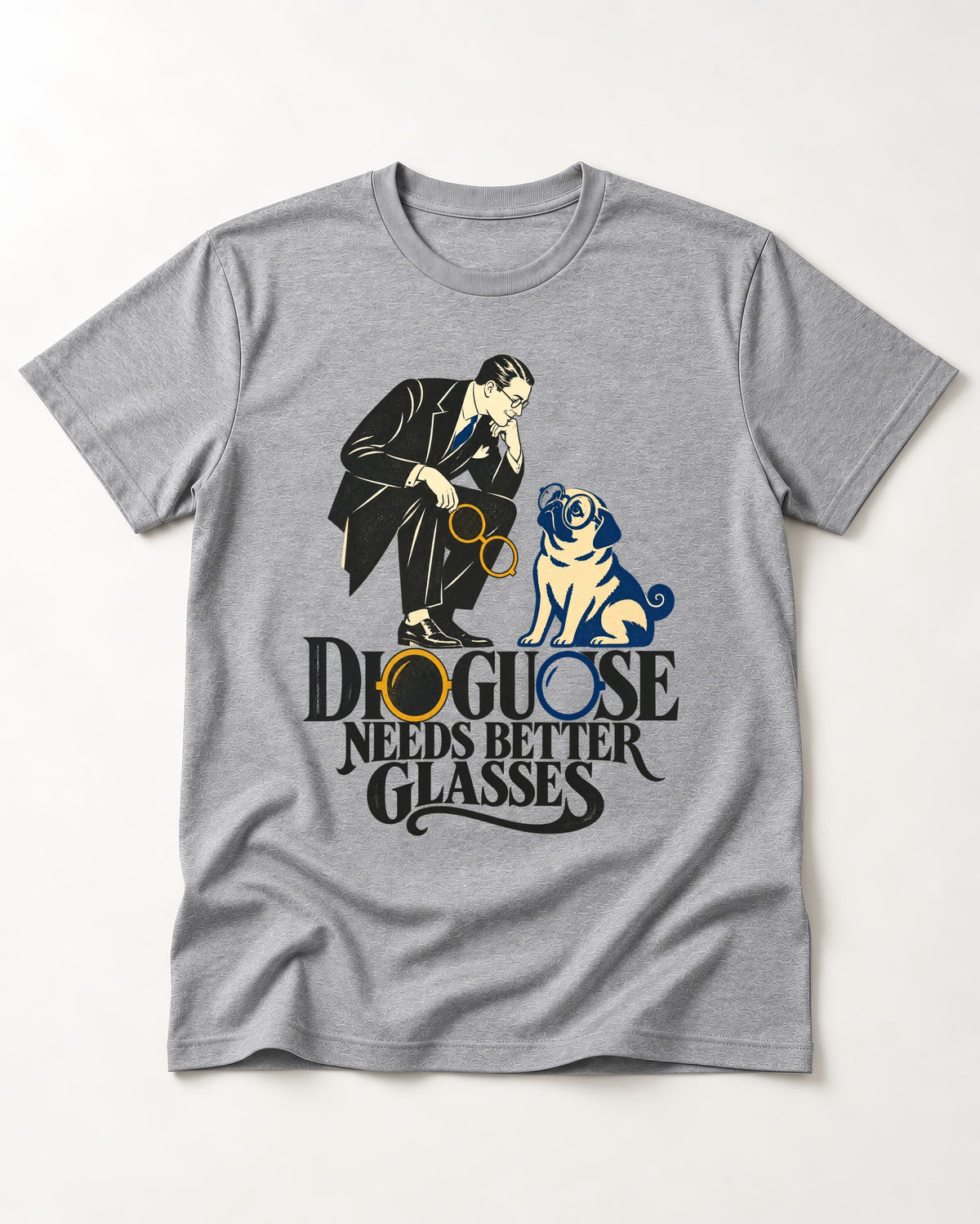 Pug Needs Better Glasses T-Shirt in Sport Grey, flat lay product photo
