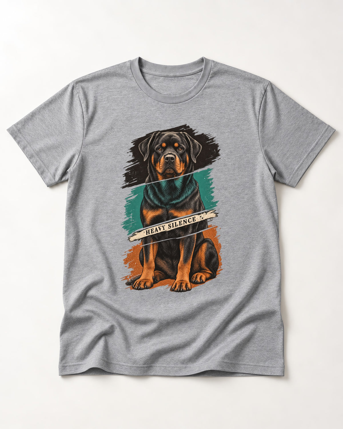 Rottweiler Heavy Silence Brushstroke Portrait Graphic T-Shirt in Sport Grey, flat lay product photo