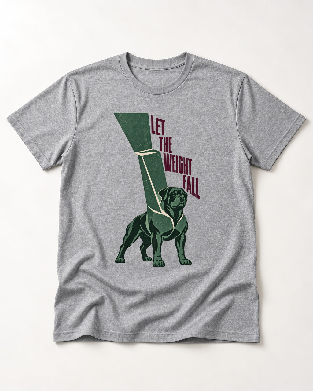 Let the Weight Fall Rottweiler T-Shirt in Sport Grey, flat lay product photo