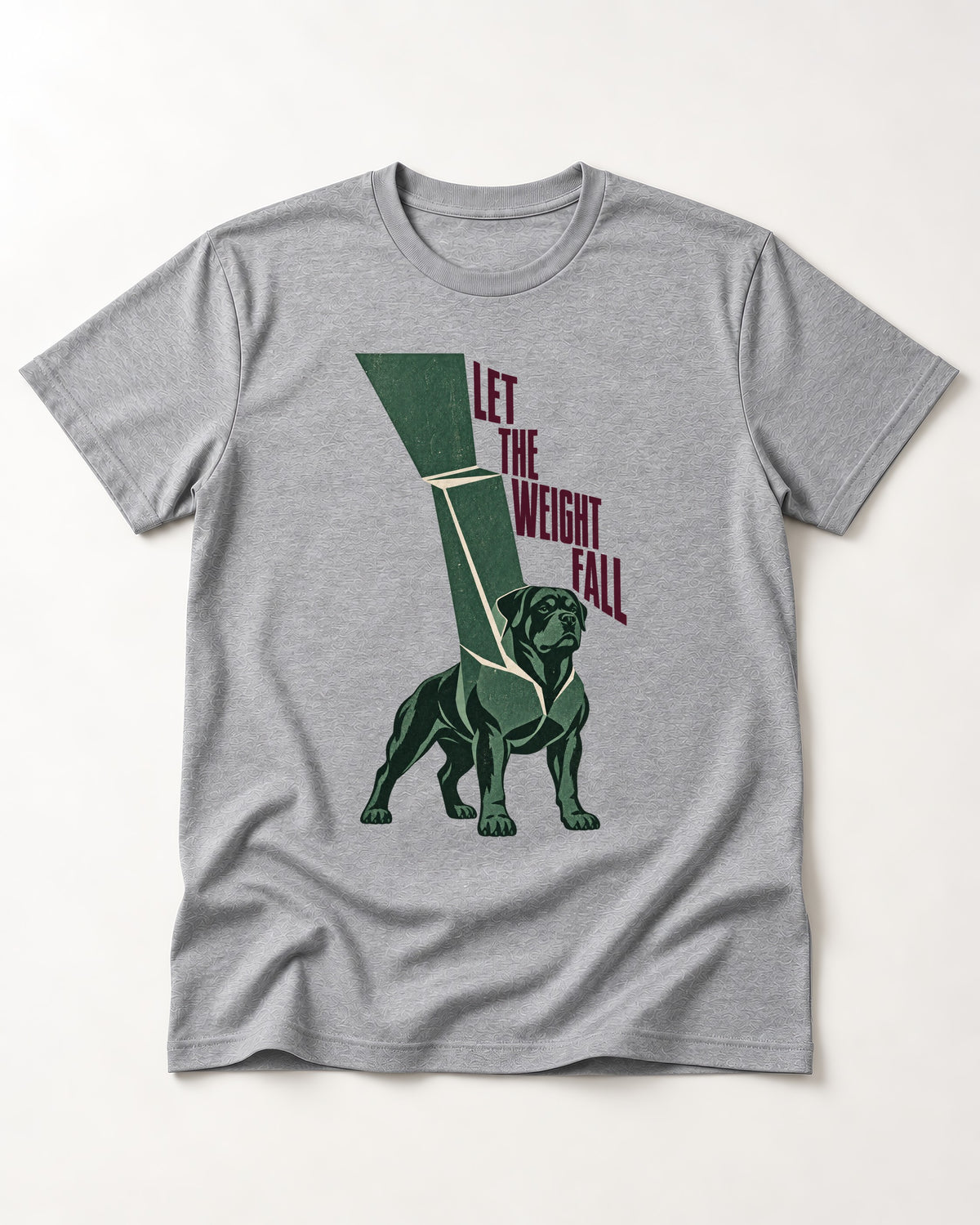 Let the Weight Fall Rottweiler T-Shirt in Sport Grey, flat lay product photo