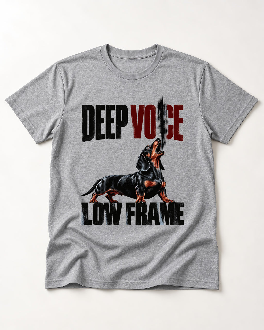 Deep Voice Low Frame Dachshund T-Shirt in Sport Grey, flat lay product photo