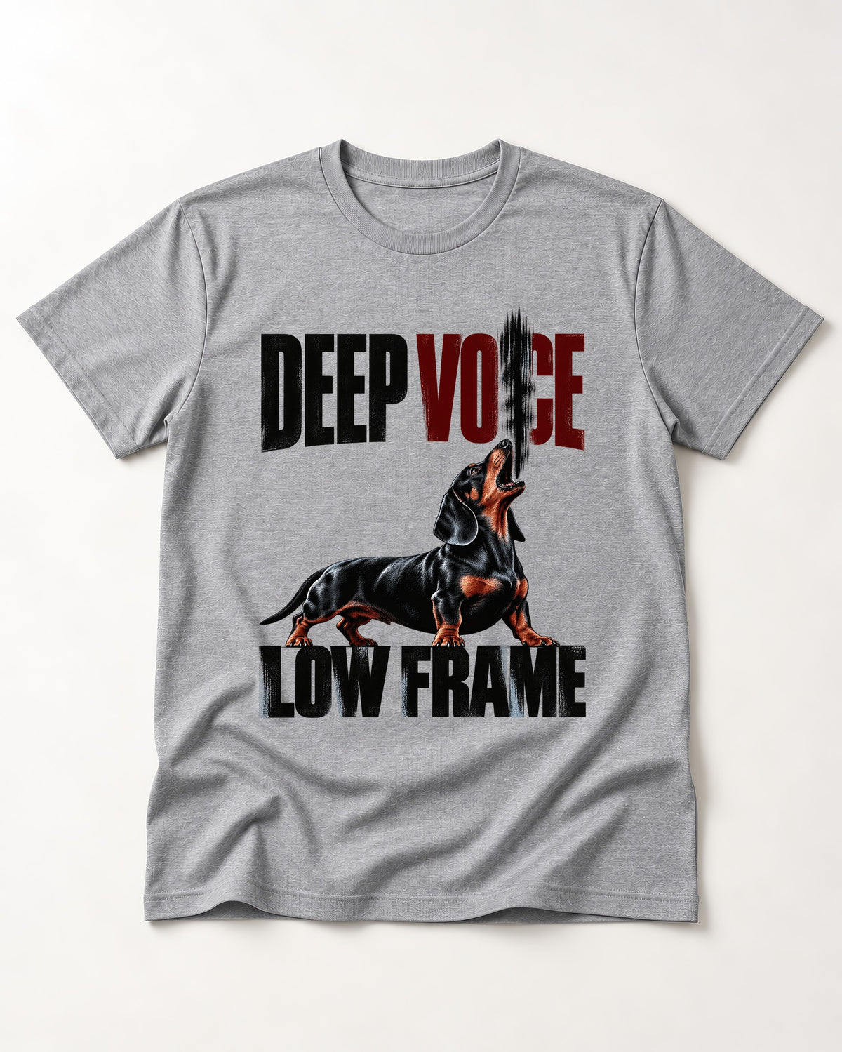 Deep Voice Low Frame Dachshund T-Shirt in Sport Grey, flat lay product photo