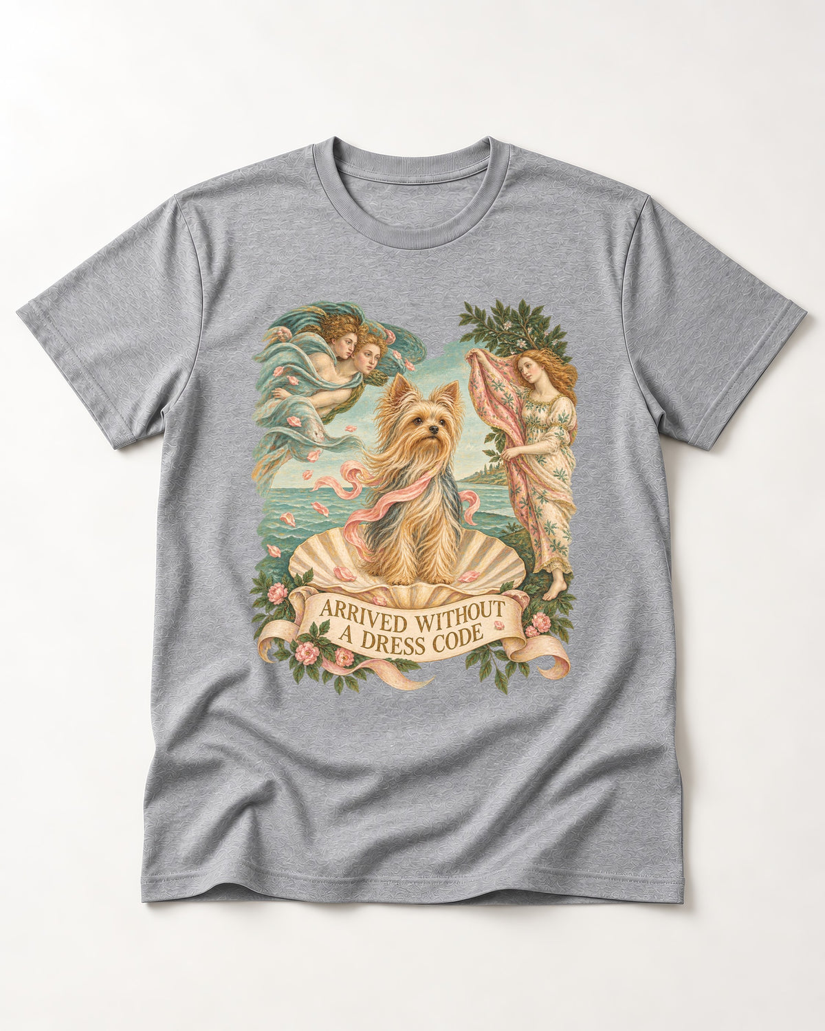 Yorkshire Terrier Arrived Without a Dress Code Venus Graphic T-Shirt in Sport Grey, flat lay product photo