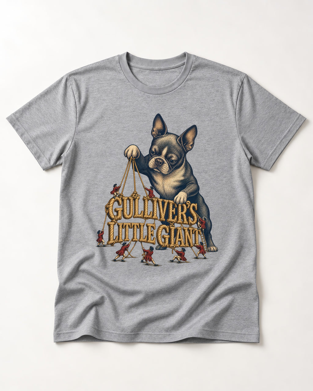 Boston Terrier Gulliver’s Little Giant T-Shirt in Sport Grey, flat lay product photo