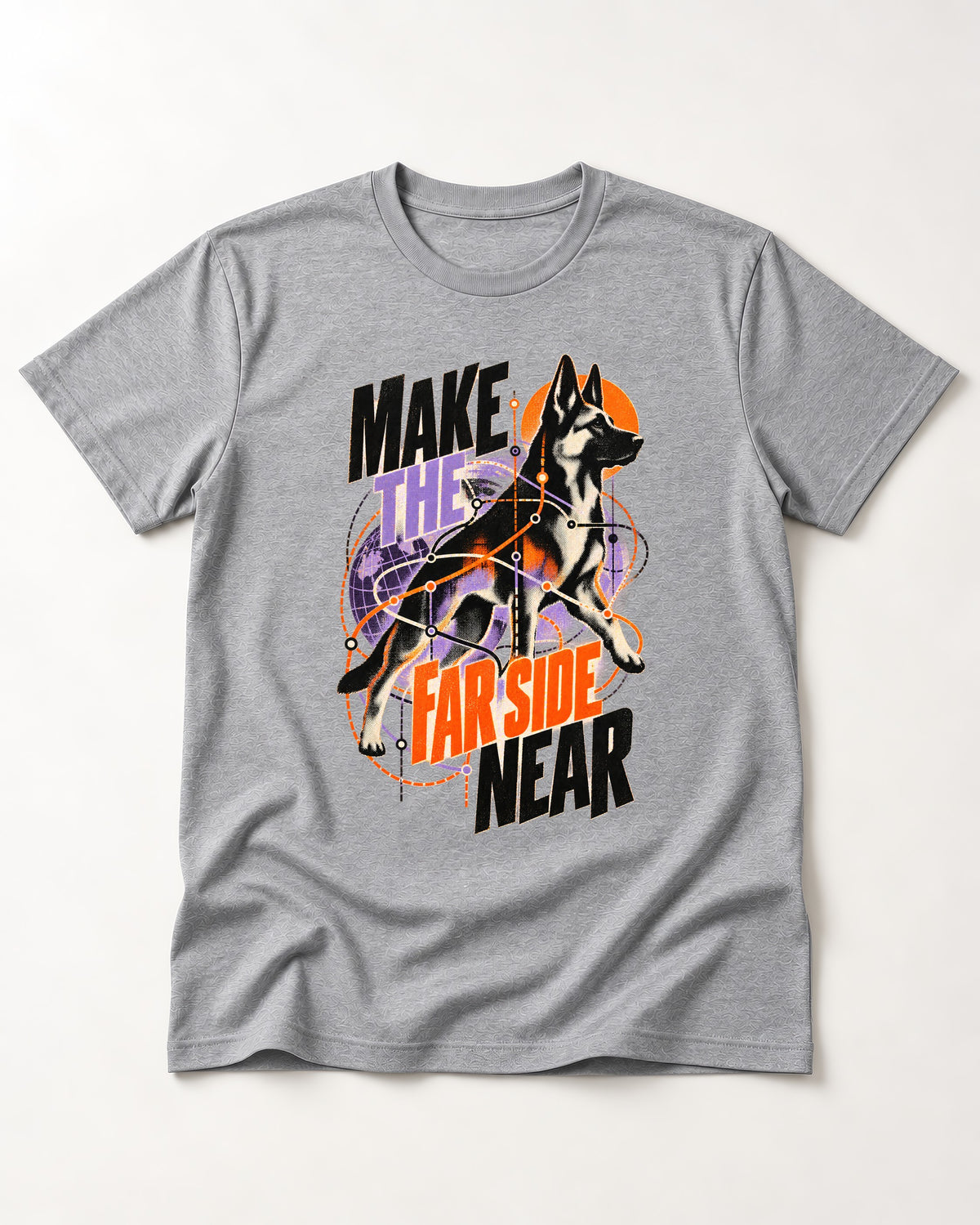 German Shepherd Dog Far Side Near T-Shirt in Sport Grey, flat lay product photo
